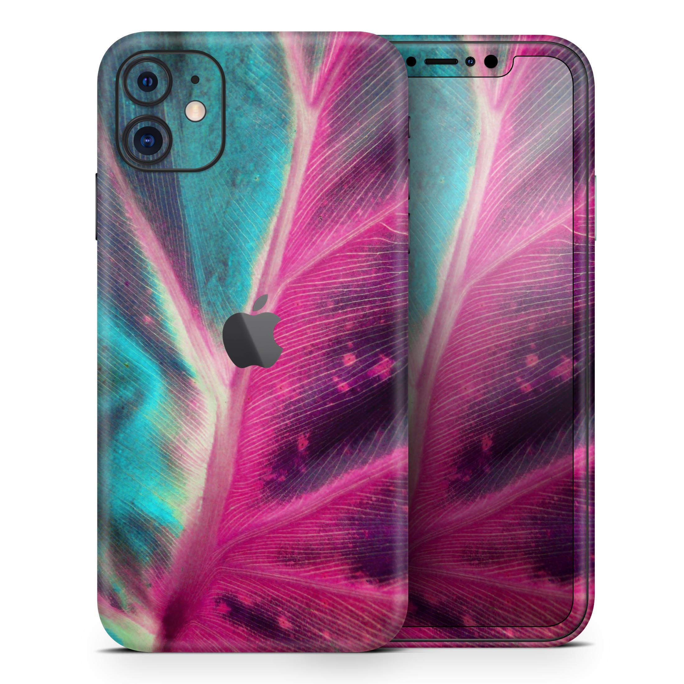 Neon Pink and Green Leaf Skin-Kit for Apple iPhone, showcasing vibrant colors and sleek design.