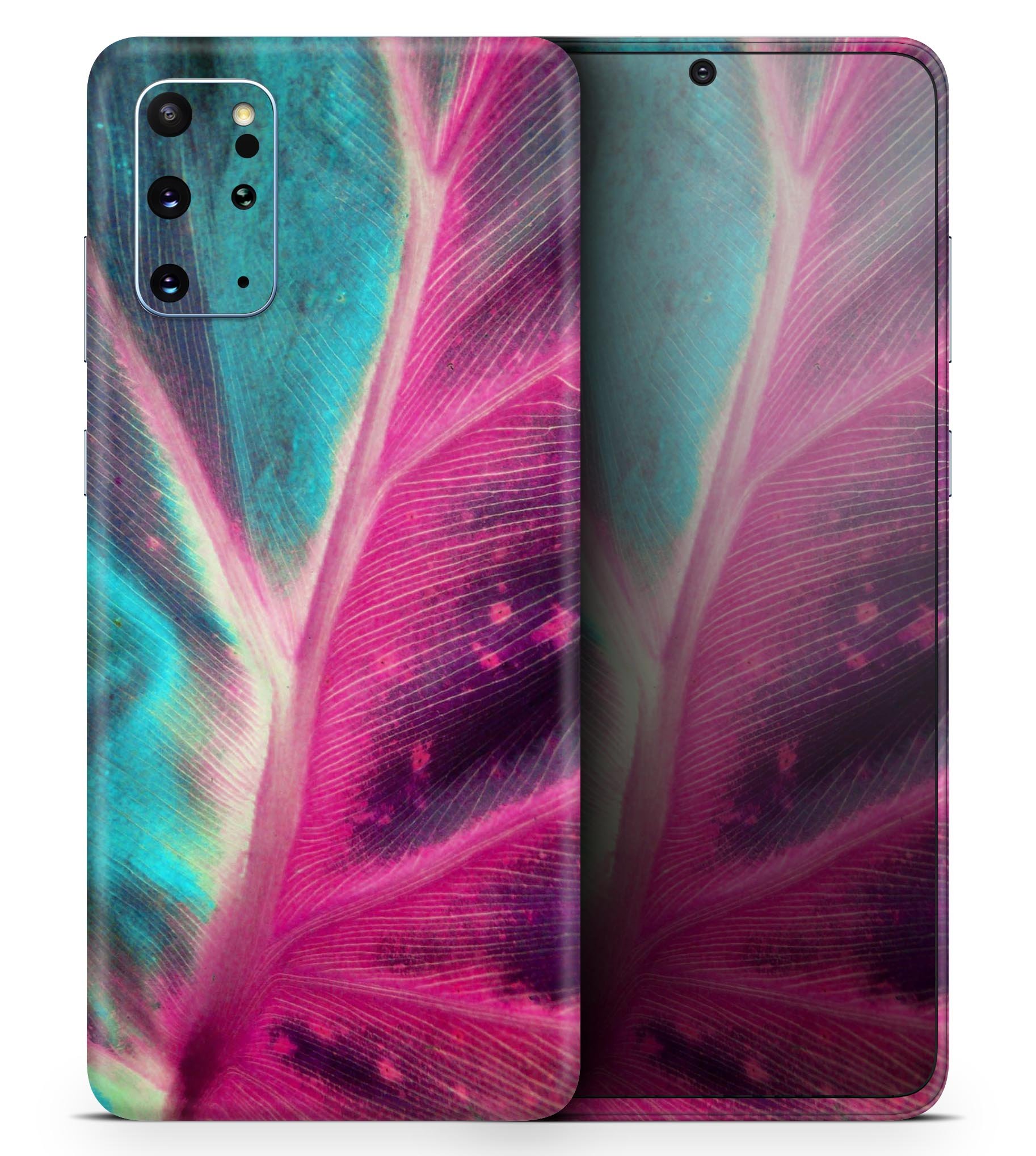 Neon Pink & Green Leaf Skin-Kit for Samsung Galaxy S20, showcasing vibrant colors and sleek design.