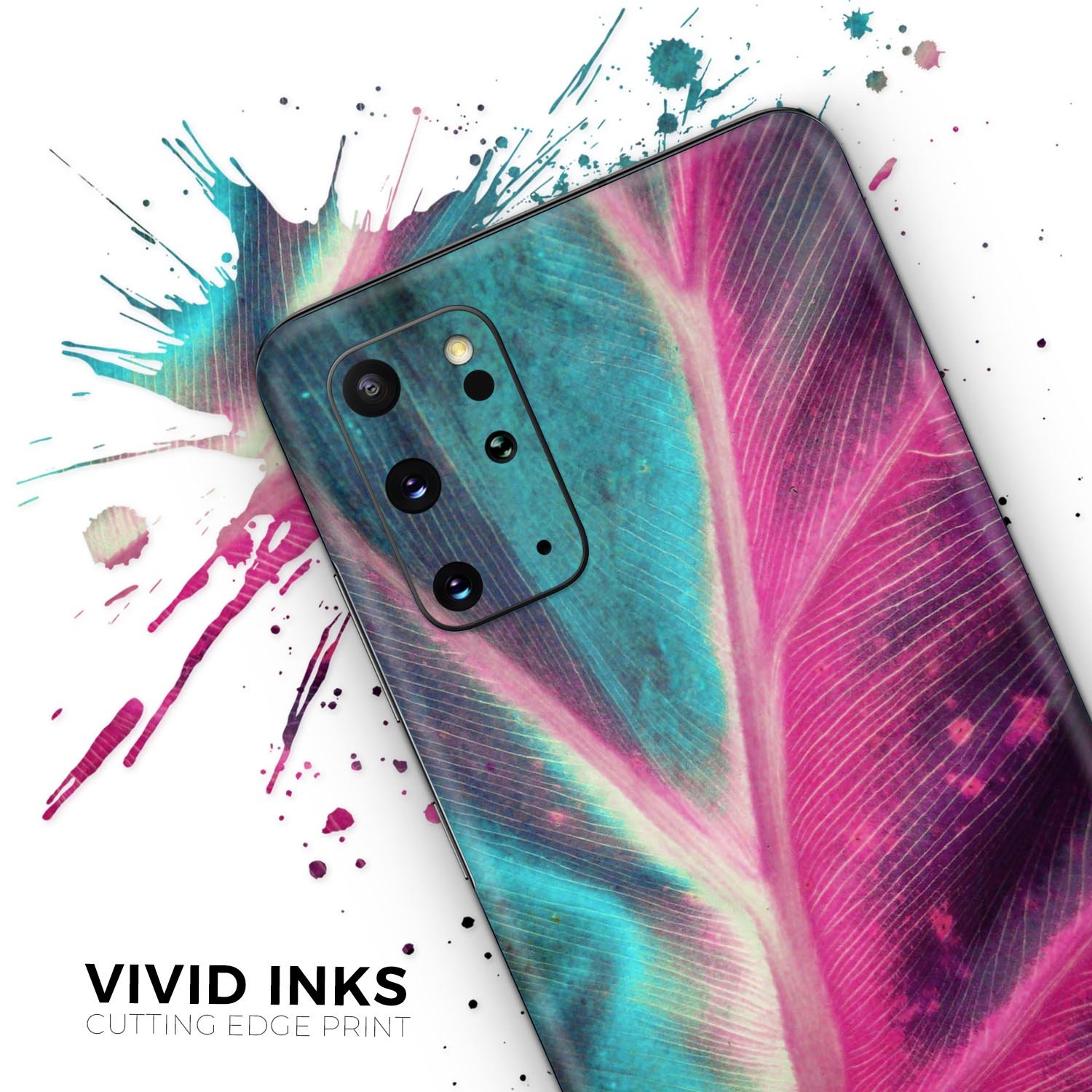 Neon Pink & Green Leaf Skin-Kit for Samsung Galaxy S20, showcasing vibrant colors and sleek design.