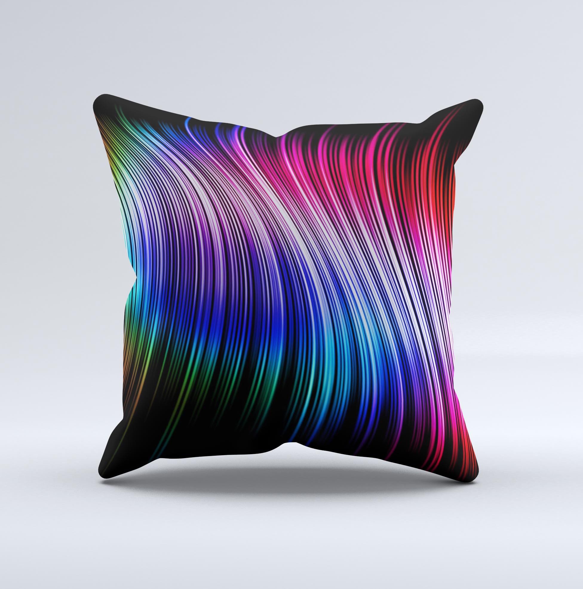 A vibrant Neon Rainbow Wavy Strips decorative throw pillow showcasing colorful wavy patterns, handcrafted in Virginia with high-quality materials.