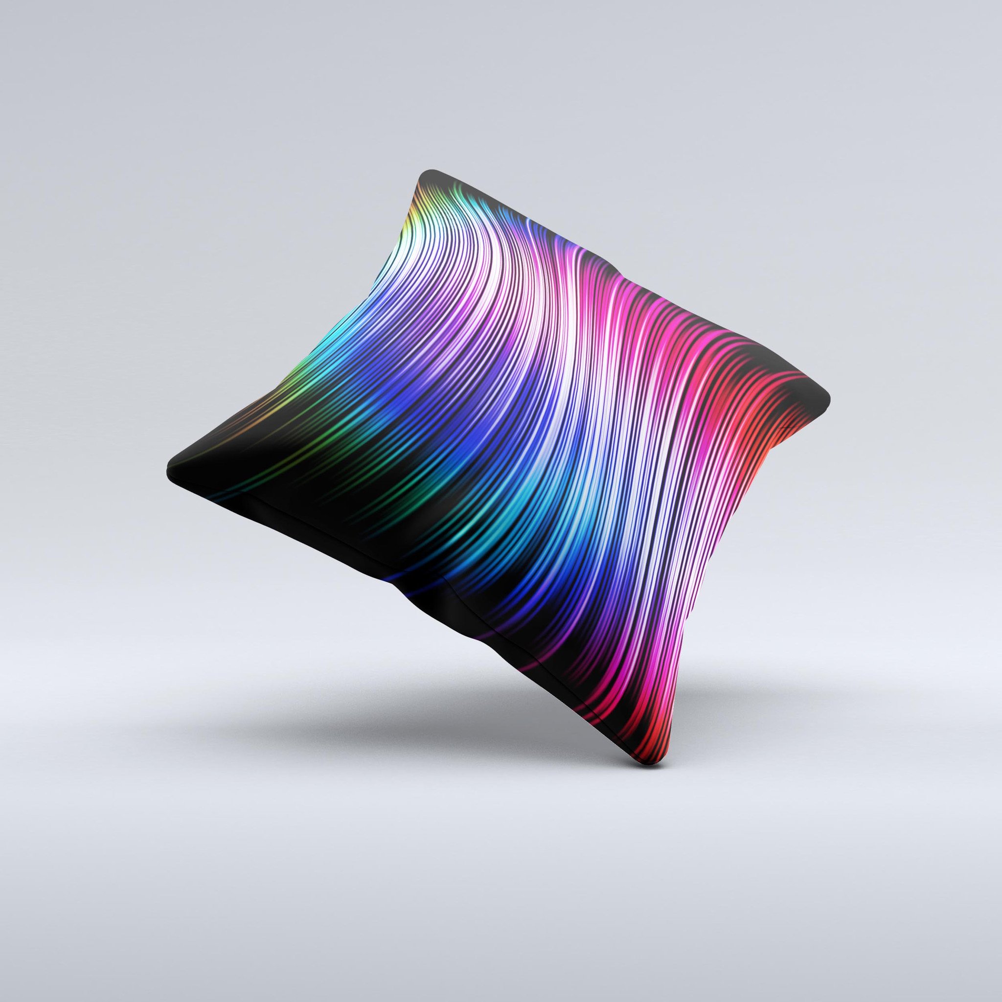 A vibrant Neon Rainbow Wavy Strips decorative throw pillow showcasing colorful wavy patterns, handcrafted in Virginia with high-quality materials.