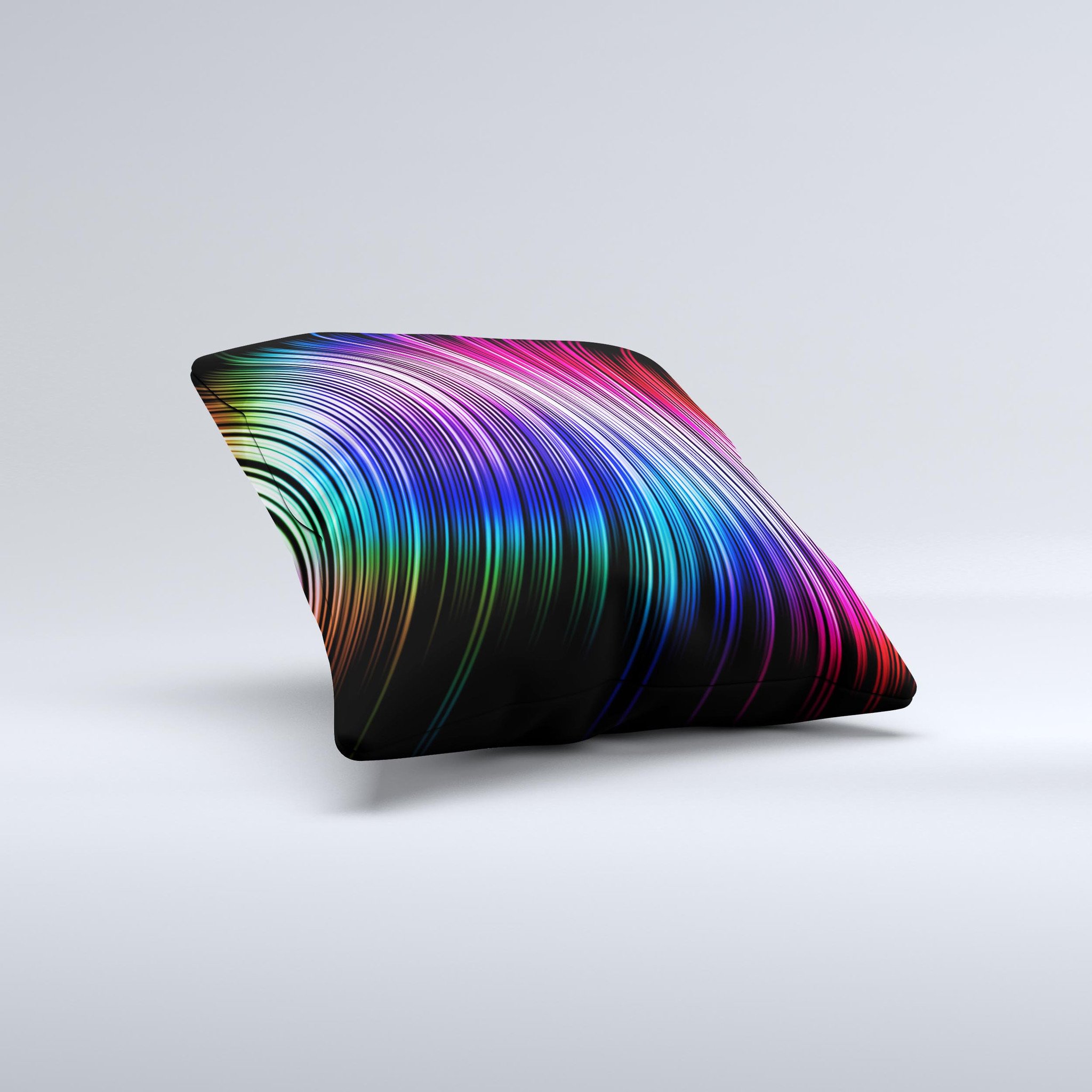 A vibrant Neon Rainbow Wavy Strips decorative throw pillow showcasing colorful wavy patterns, handcrafted in Virginia with high-quality materials.