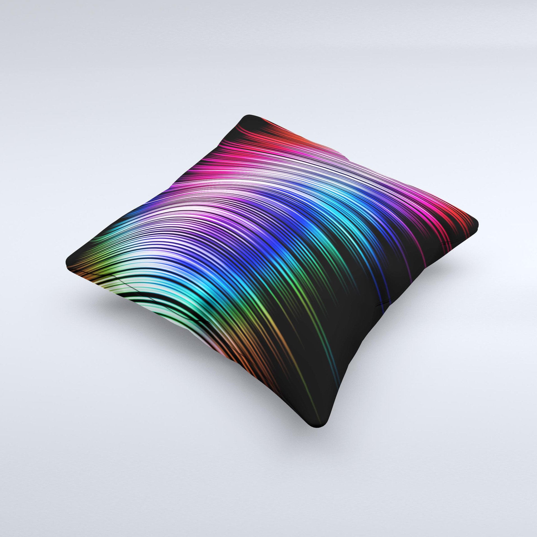 A vibrant Neon Rainbow Wavy Strips decorative throw pillow showcasing colorful wavy patterns, handcrafted in Virginia with high-quality materials.