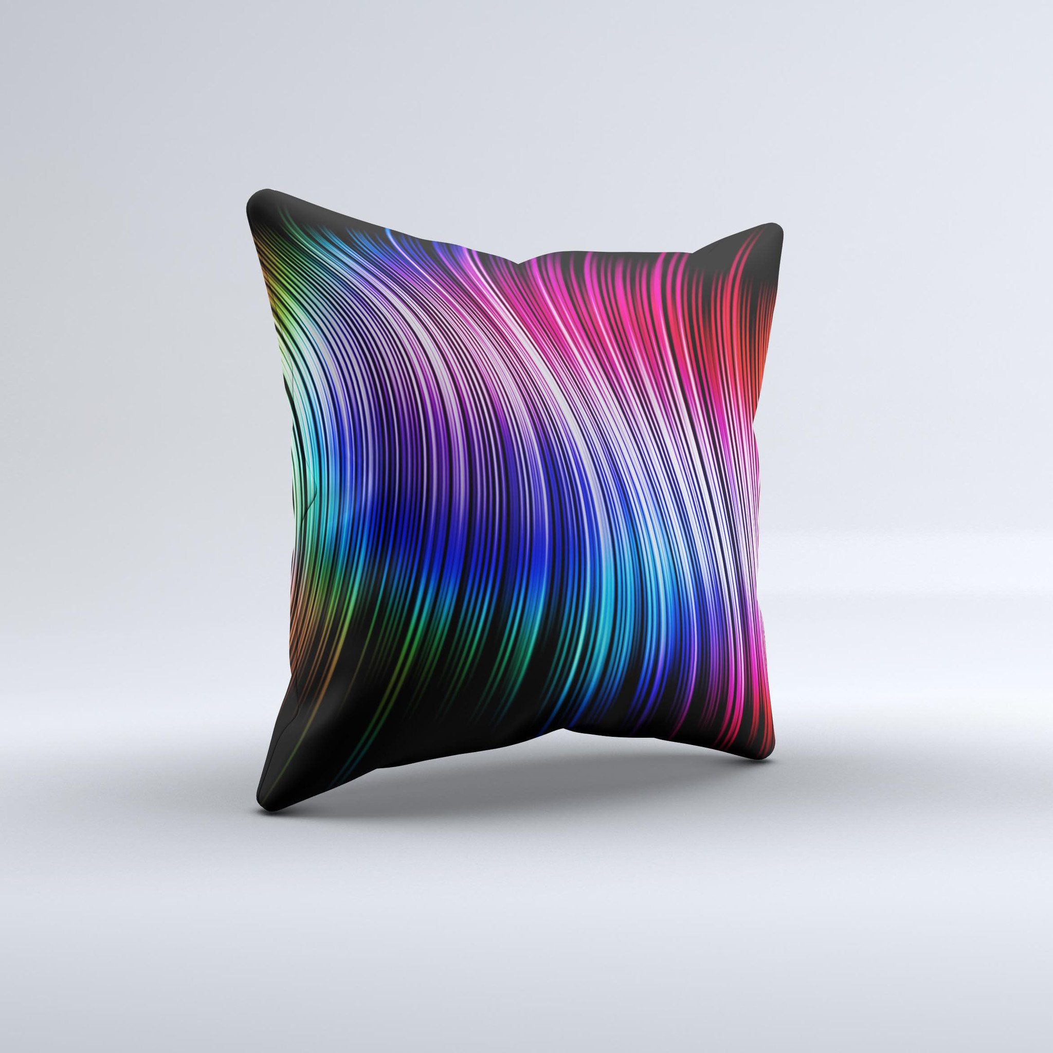 A vibrant Neon Rainbow Wavy Strips decorative throw pillow showcasing colorful wavy patterns, handcrafted in Virginia with high-quality materials.