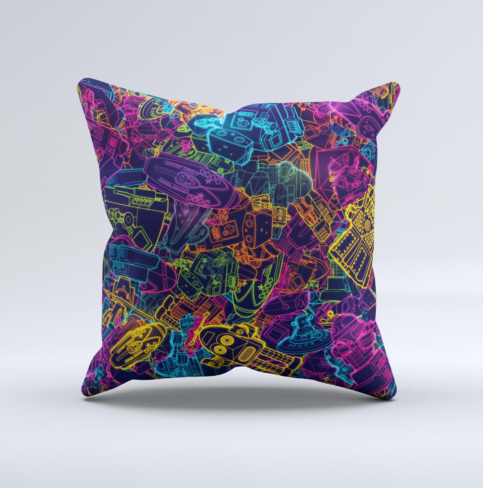 A vibrant Neon Robots Ink-Fuzed Decorative Throw Pillow showcasing unique hand-produced graphics, perfect for home decor.