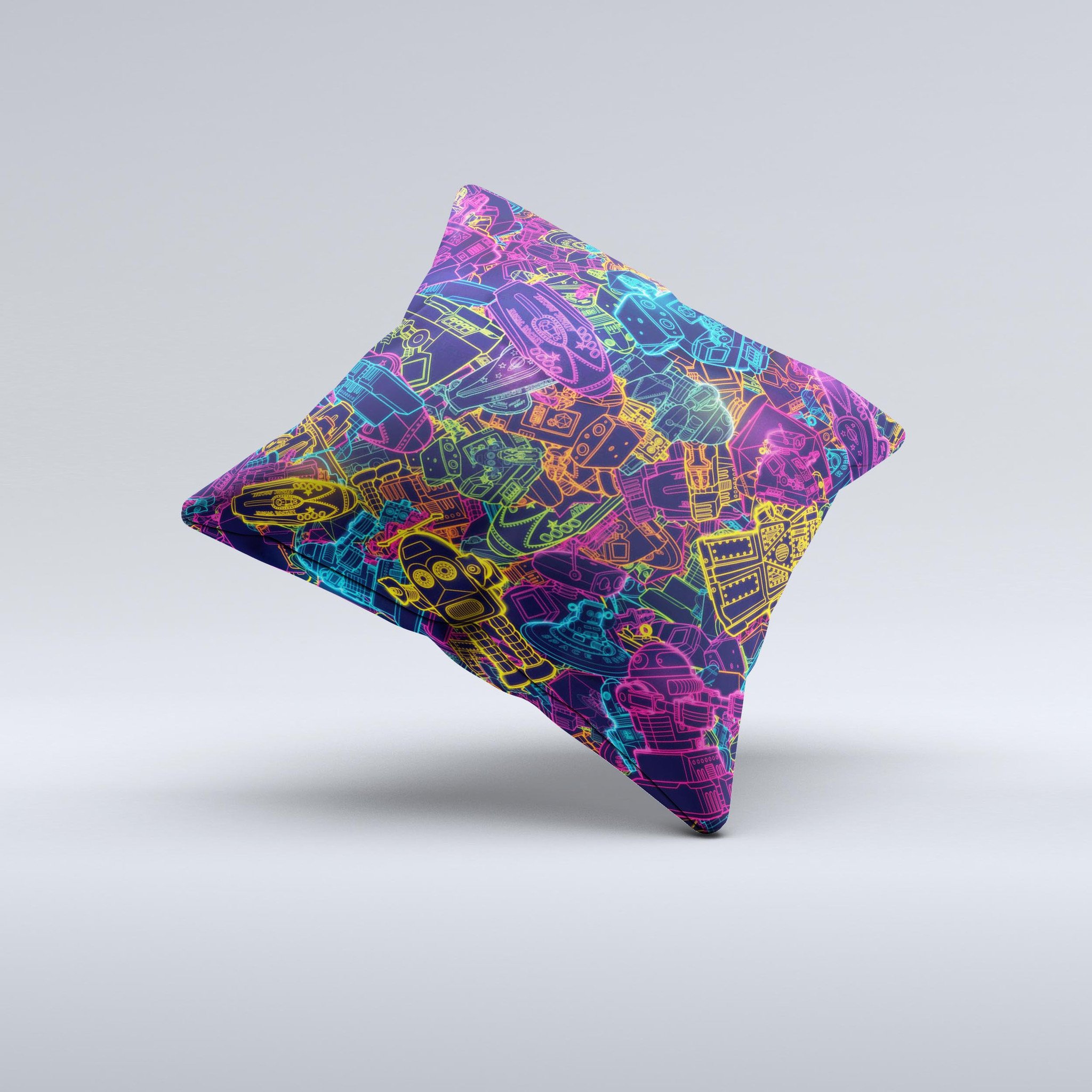 A vibrant Neon Robots Ink-Fuzed Decorative Throw Pillow showcasing unique hand-produced graphics, perfect for home decor.