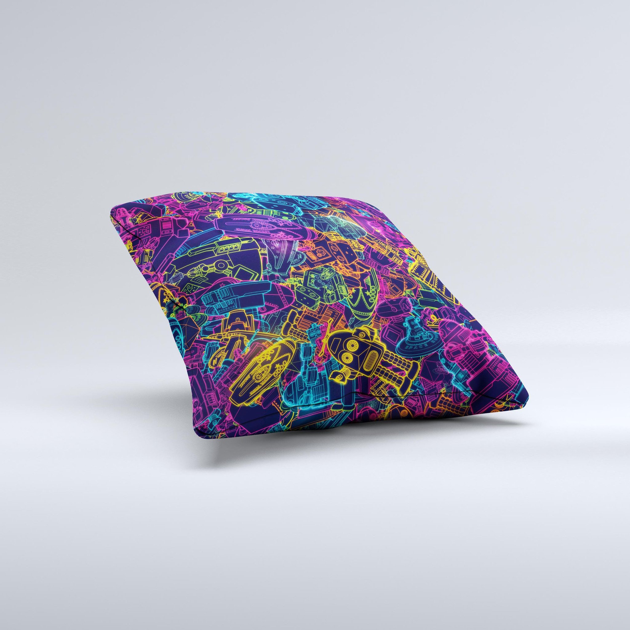 A vibrant Neon Robots Ink-Fuzed Decorative Throw Pillow showcasing unique hand-produced graphics, perfect for home decor.