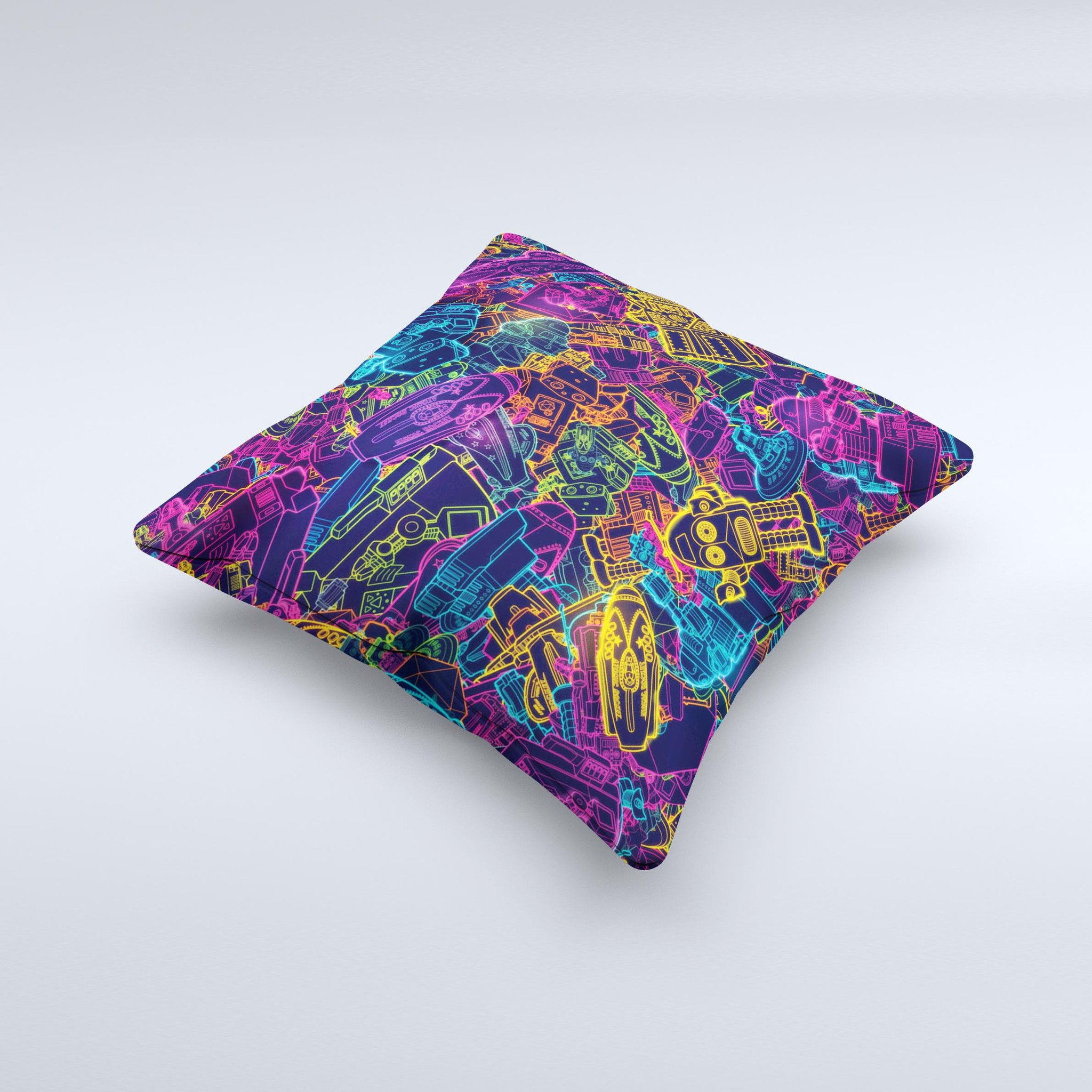 A vibrant Neon Robots Ink-Fuzed Decorative Throw Pillow showcasing unique hand-produced graphics, perfect for home decor.