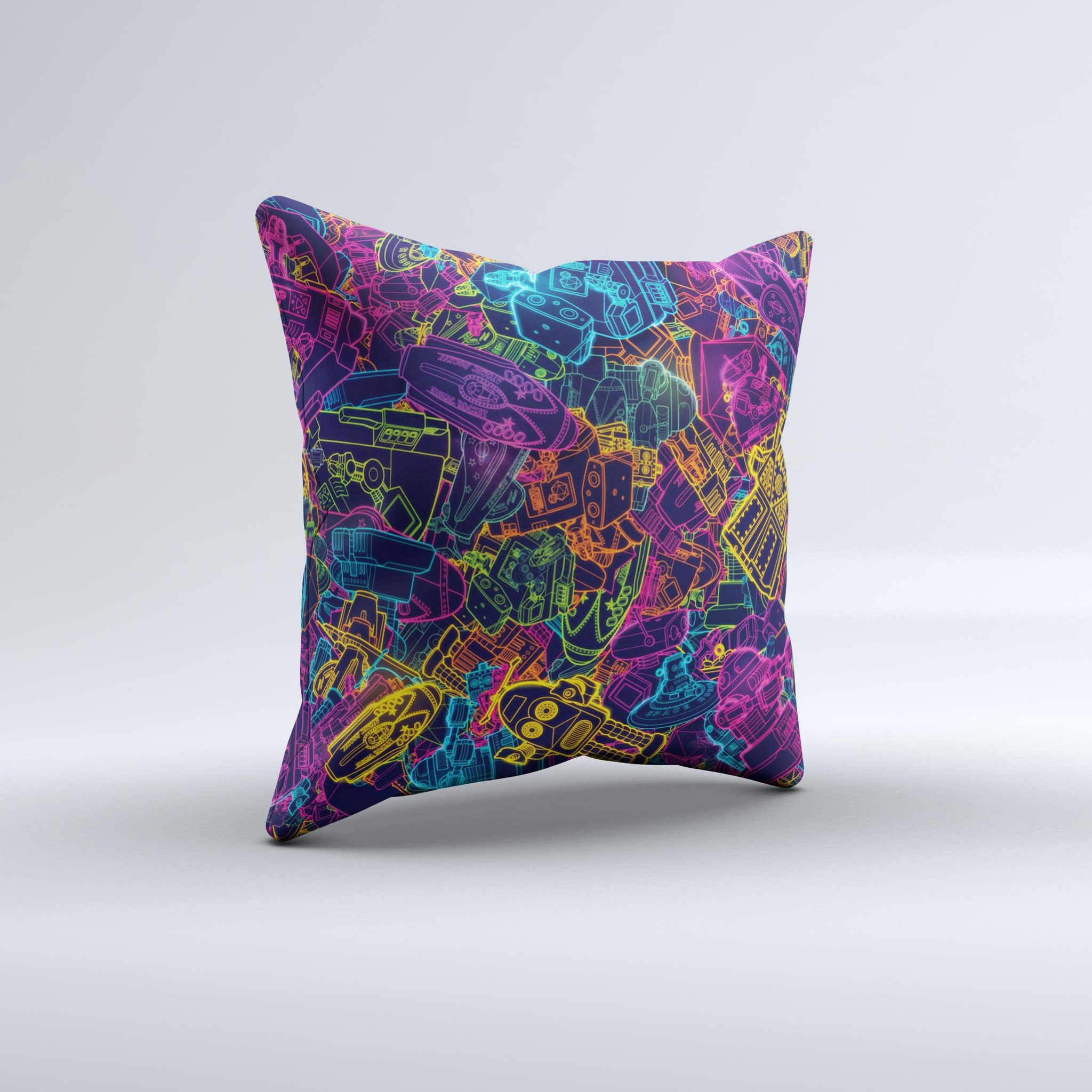 A vibrant Neon Robots Ink-Fuzed Decorative Throw Pillow showcasing unique hand-produced graphics, perfect for home decor.