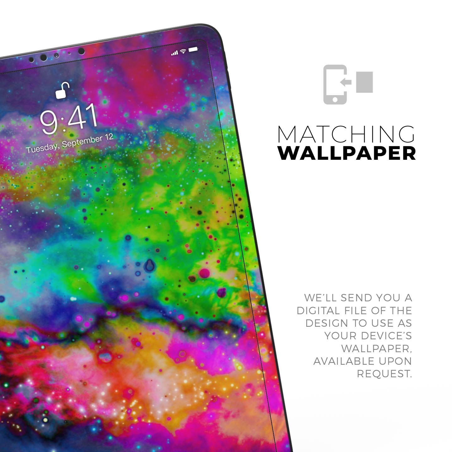 Neon Splatter Universe full body skin decal for Apple iPad Pro, showcasing vibrant colors and unique splatter design.