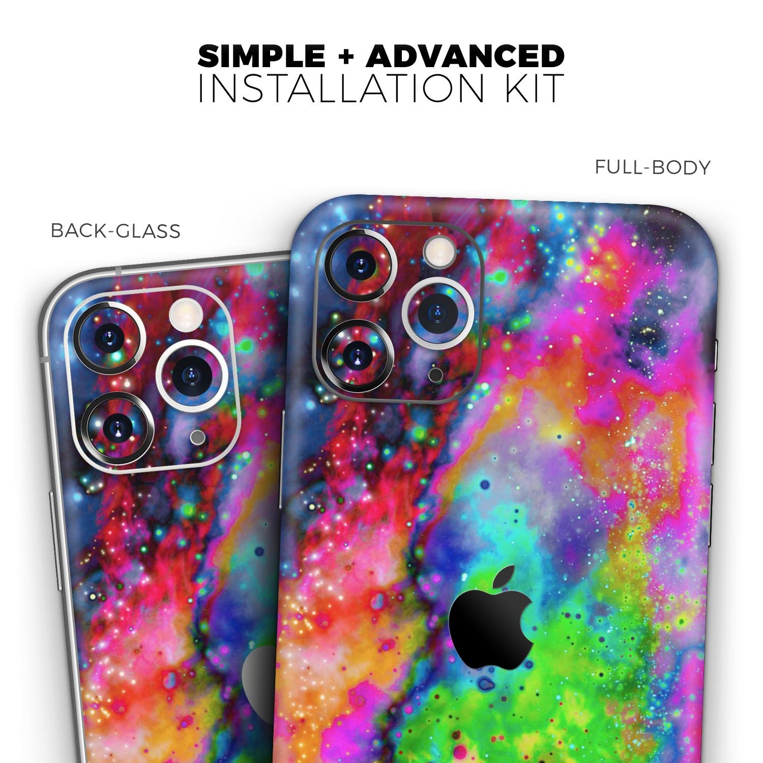 Neon Splatter Universe Skin-Kit for Apple iPhone, showcasing vibrant colors and unique design.