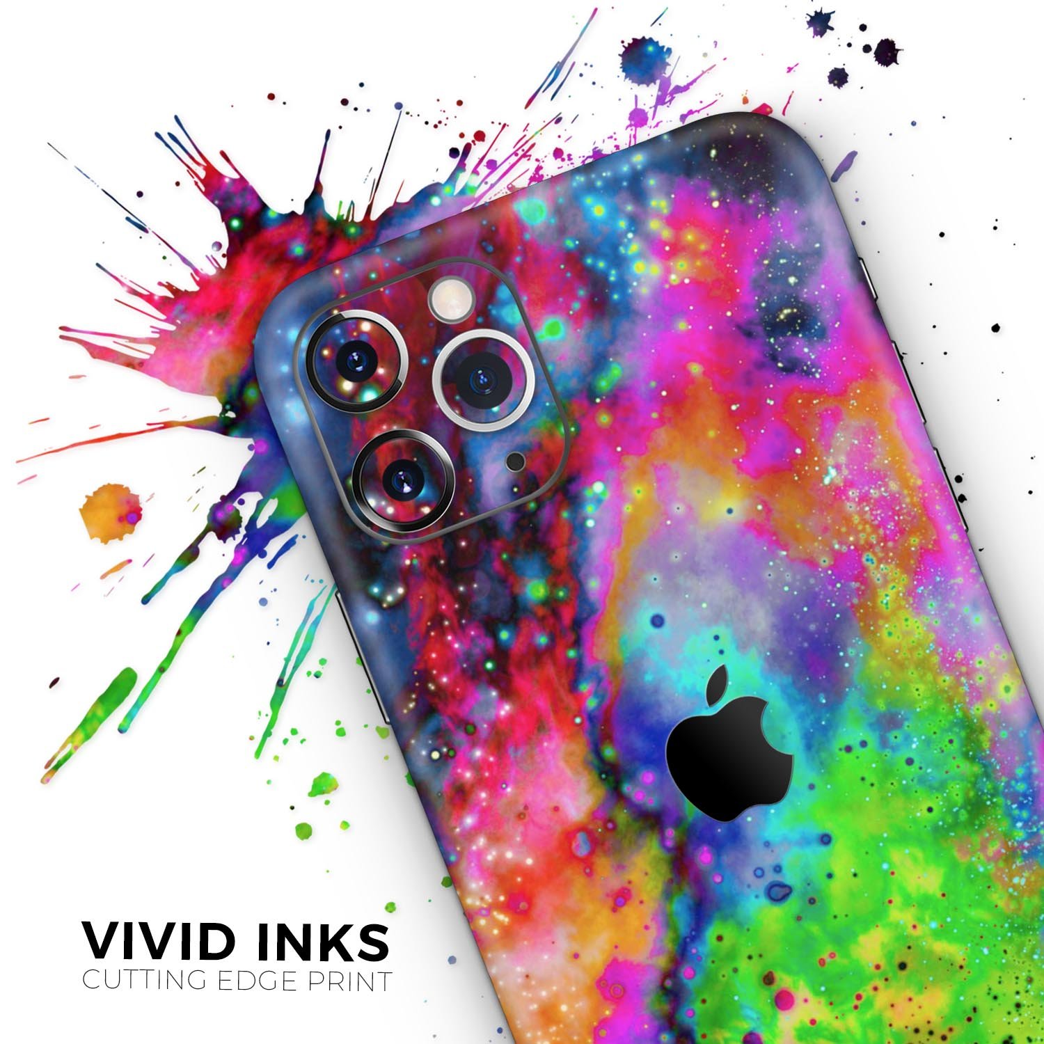 Neon Splatter Universe Skin-Kit for Apple iPhone, showcasing vibrant colors and unique design.