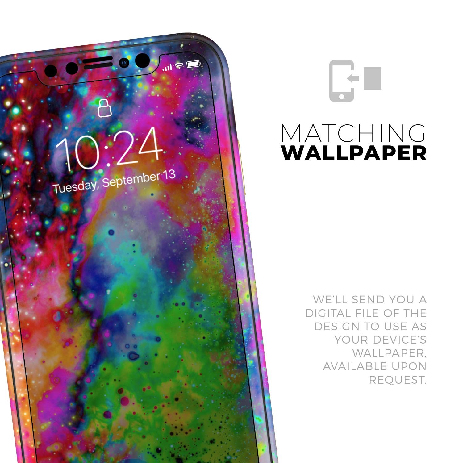 Neon Splatter Universe Skin-Kit for Apple iPhone, showcasing vibrant colors and unique design.