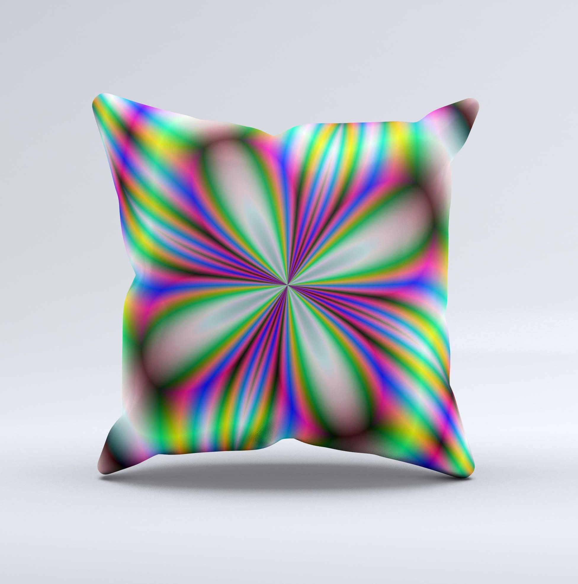 A vibrant Neon Tie-Dye Flower decorative throw pillow showcasing a unique hand-crafted design with bright colors and soft fabric.