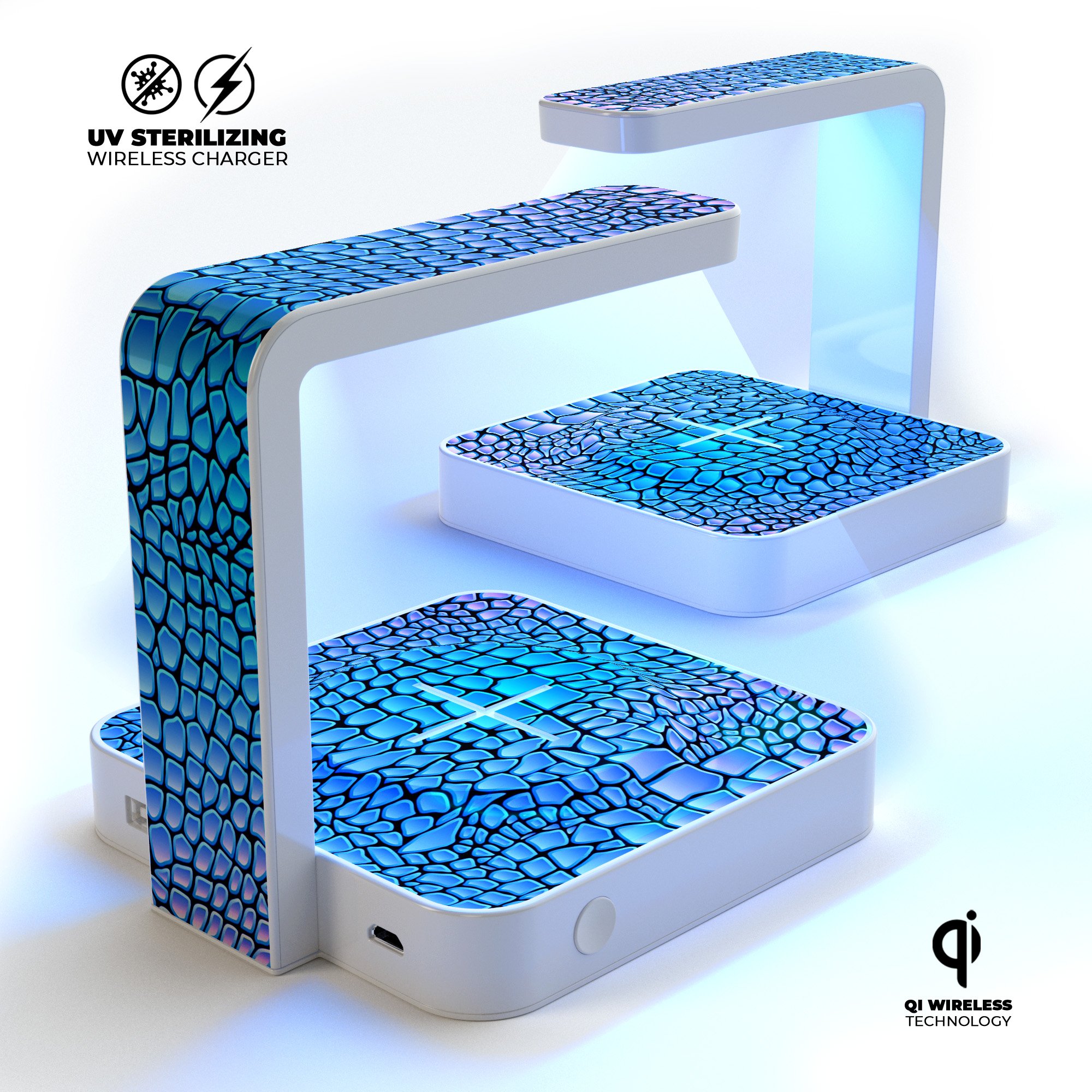 Neon Vibrant Snake Skin Pattern UV Germicidal Sanitizing Wireless Charger with decorative skin and USB cable.