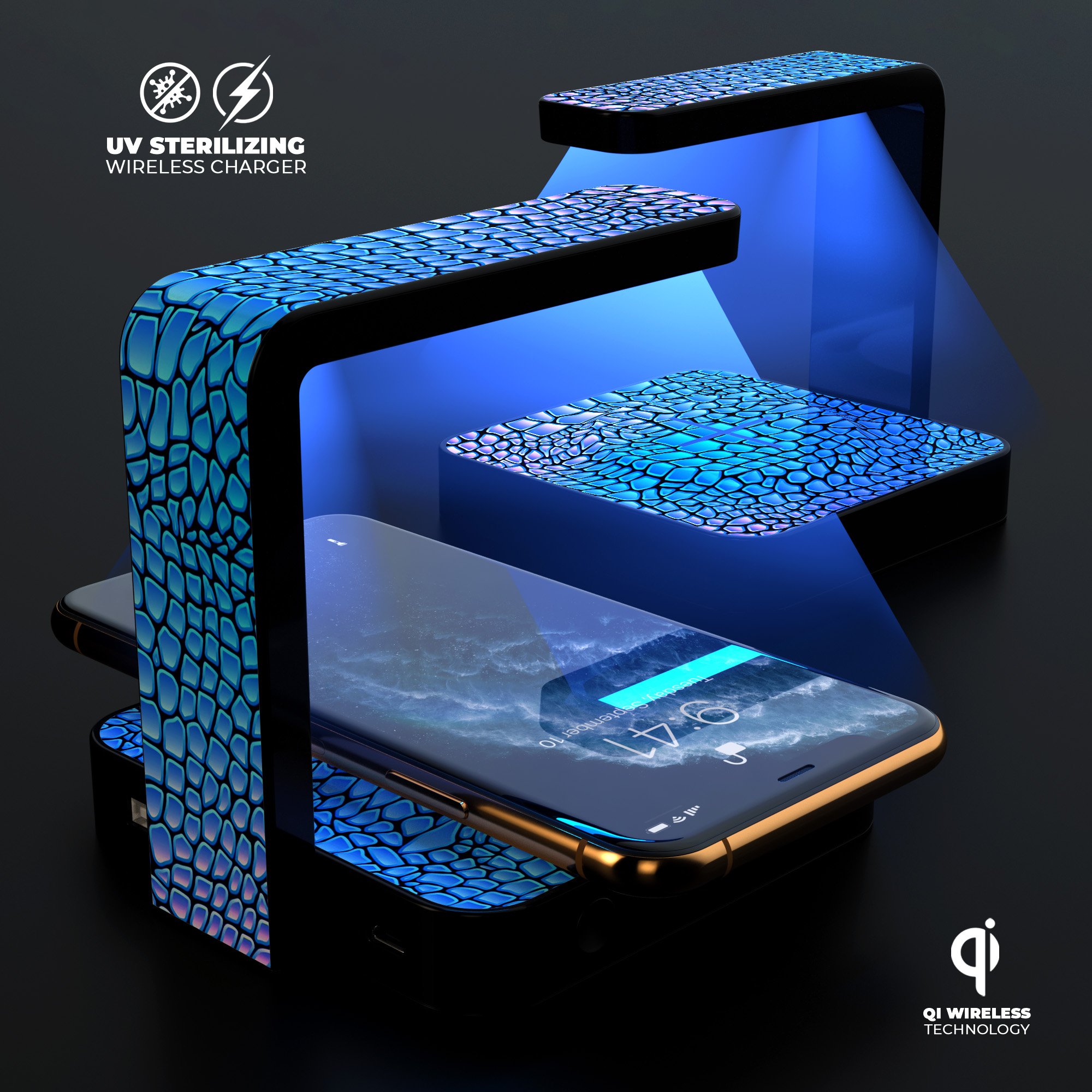 Neon Vibrant Snake Skin Pattern UV Germicidal Sanitizing Wireless Charger with decorative skin and USB cable.