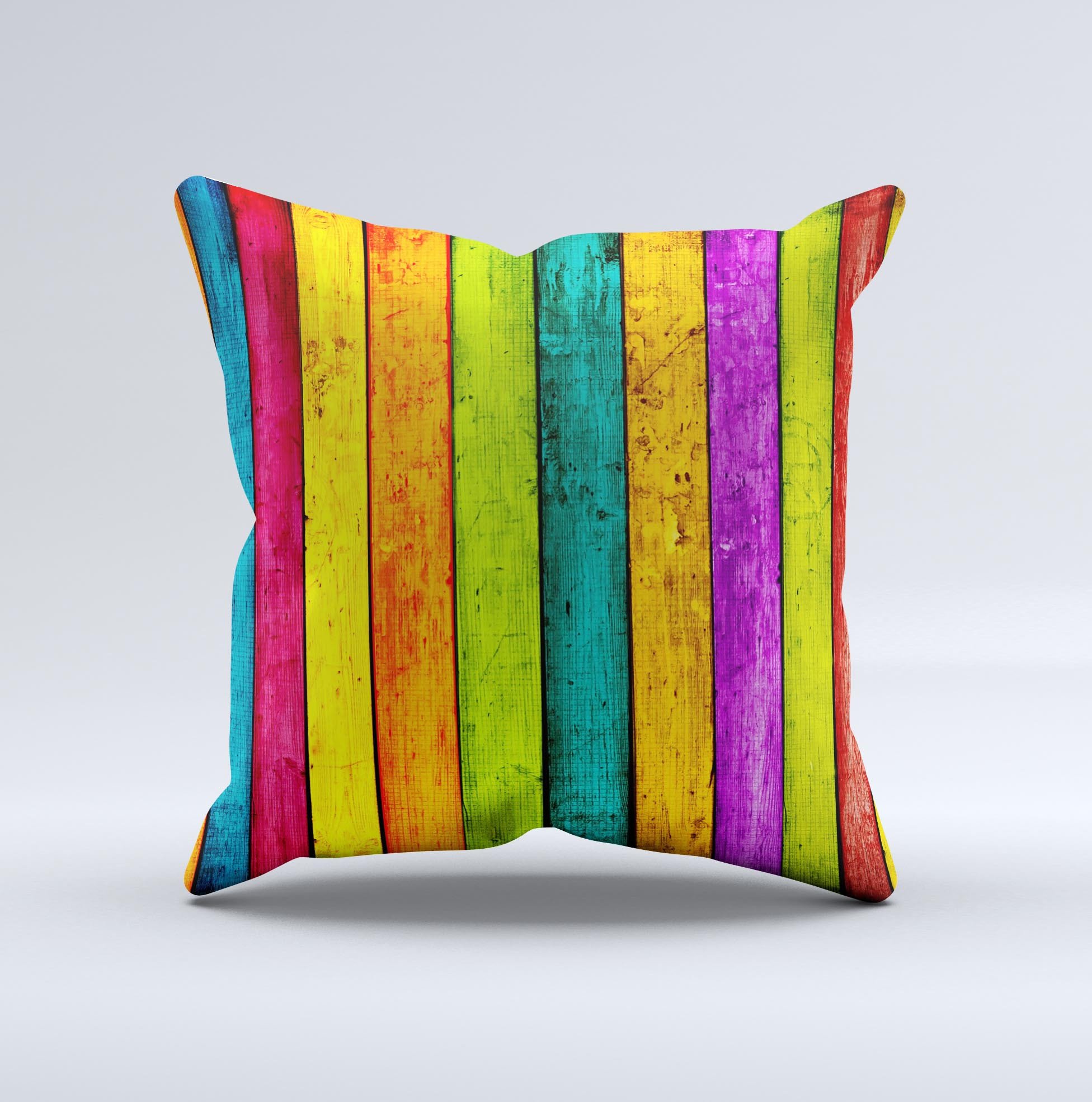 A vibrant decorative throw pillow featuring a neon wood planks design, handcrafted in Virginia with a high thread count fabric and plush polyester filling.