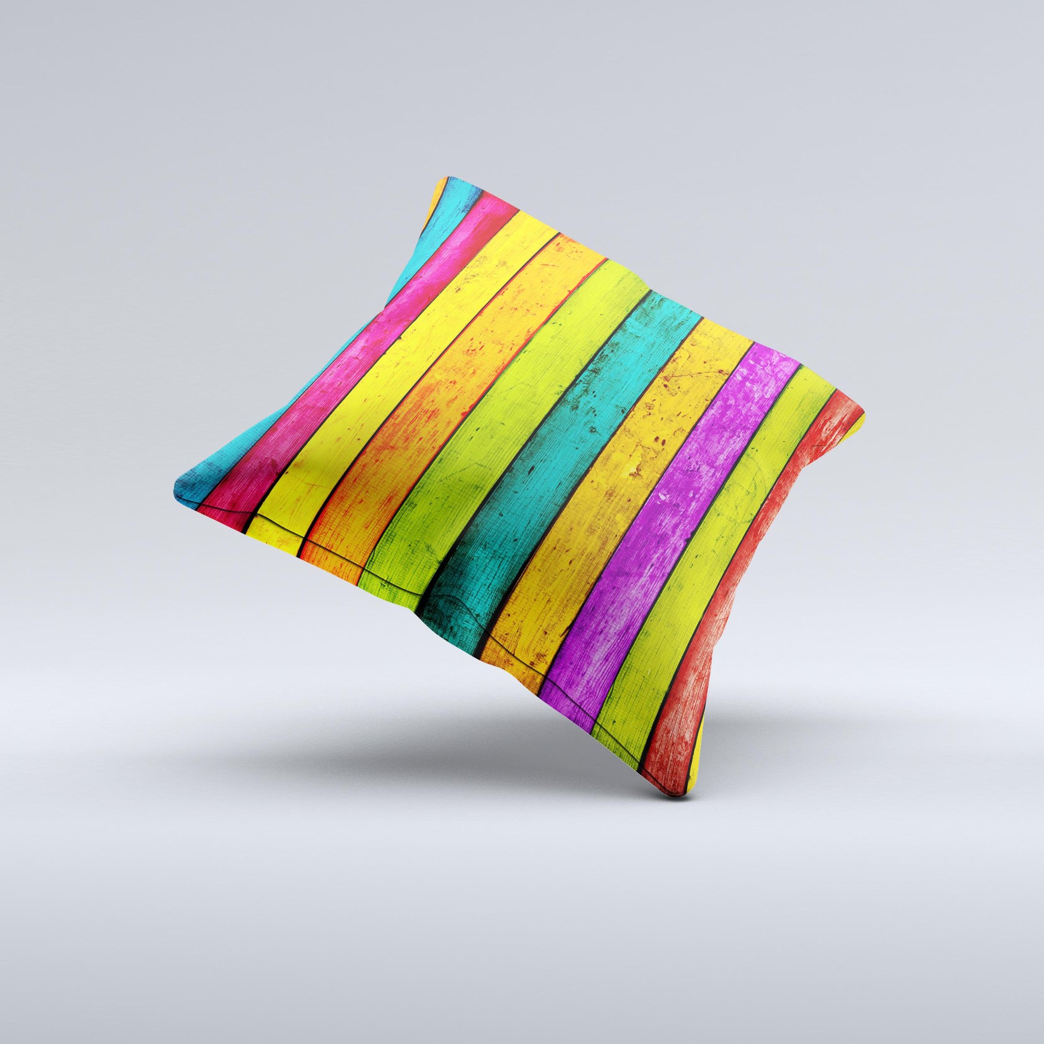 A vibrant decorative throw pillow featuring a neon wood planks design, handcrafted in Virginia with a high thread count fabric and plush polyester filling.