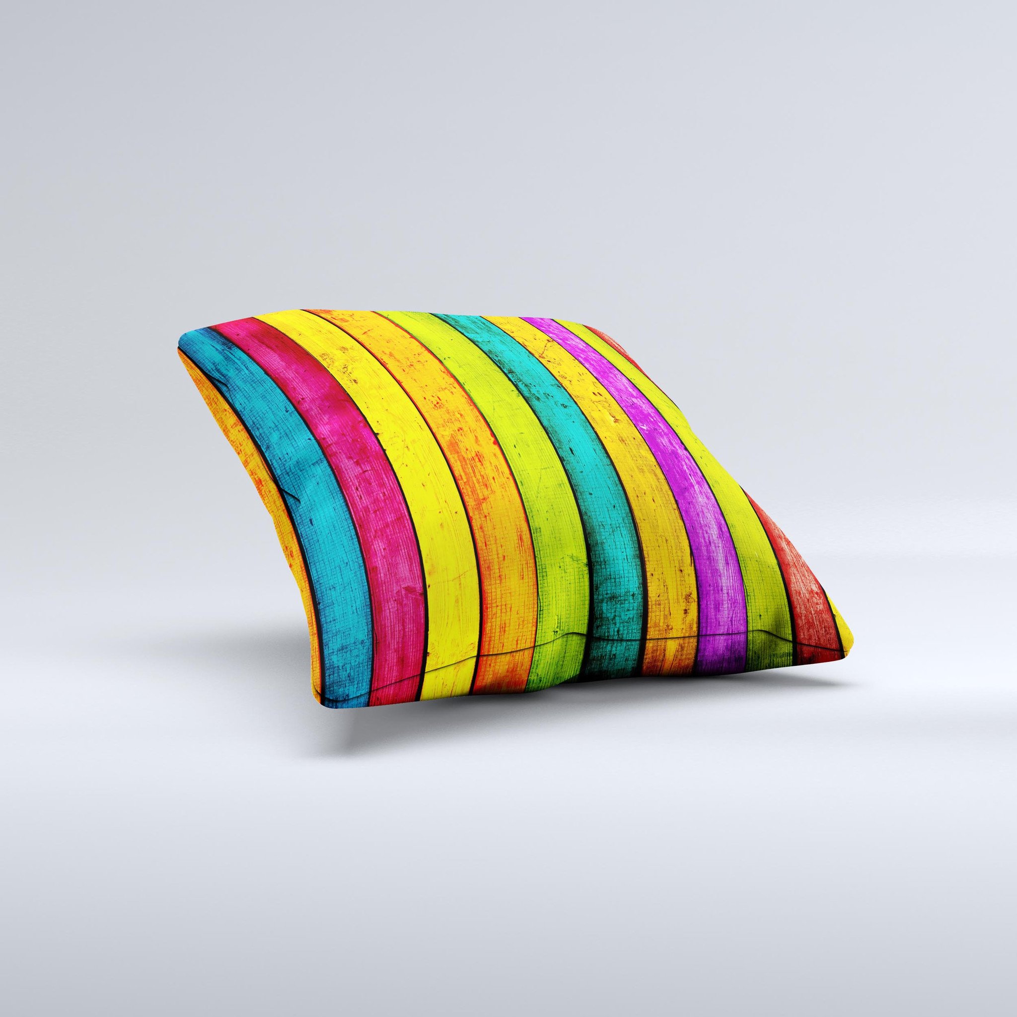 A vibrant decorative throw pillow featuring a neon wood planks design, handcrafted in Virginia with a high thread count fabric and plush polyester filling.