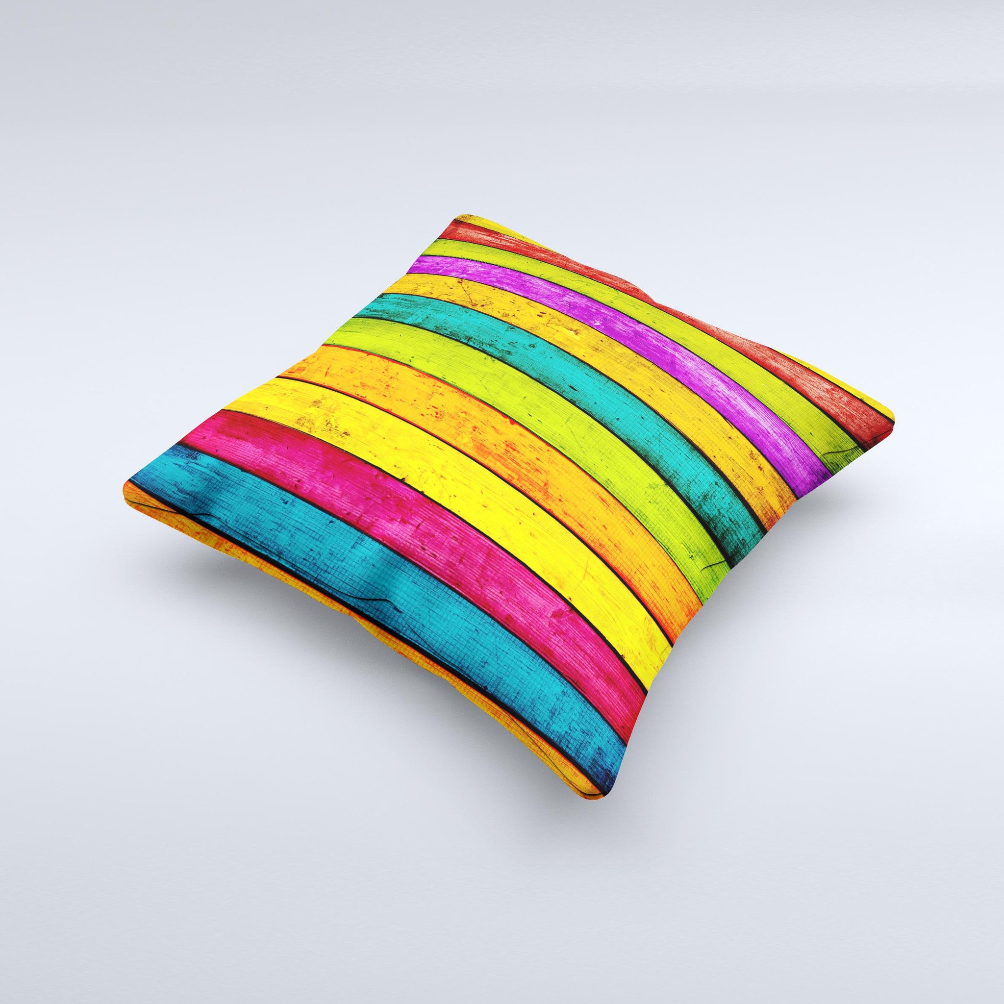 A vibrant decorative throw pillow featuring a neon wood planks design, handcrafted in Virginia with a high thread count fabric and plush polyester filling.