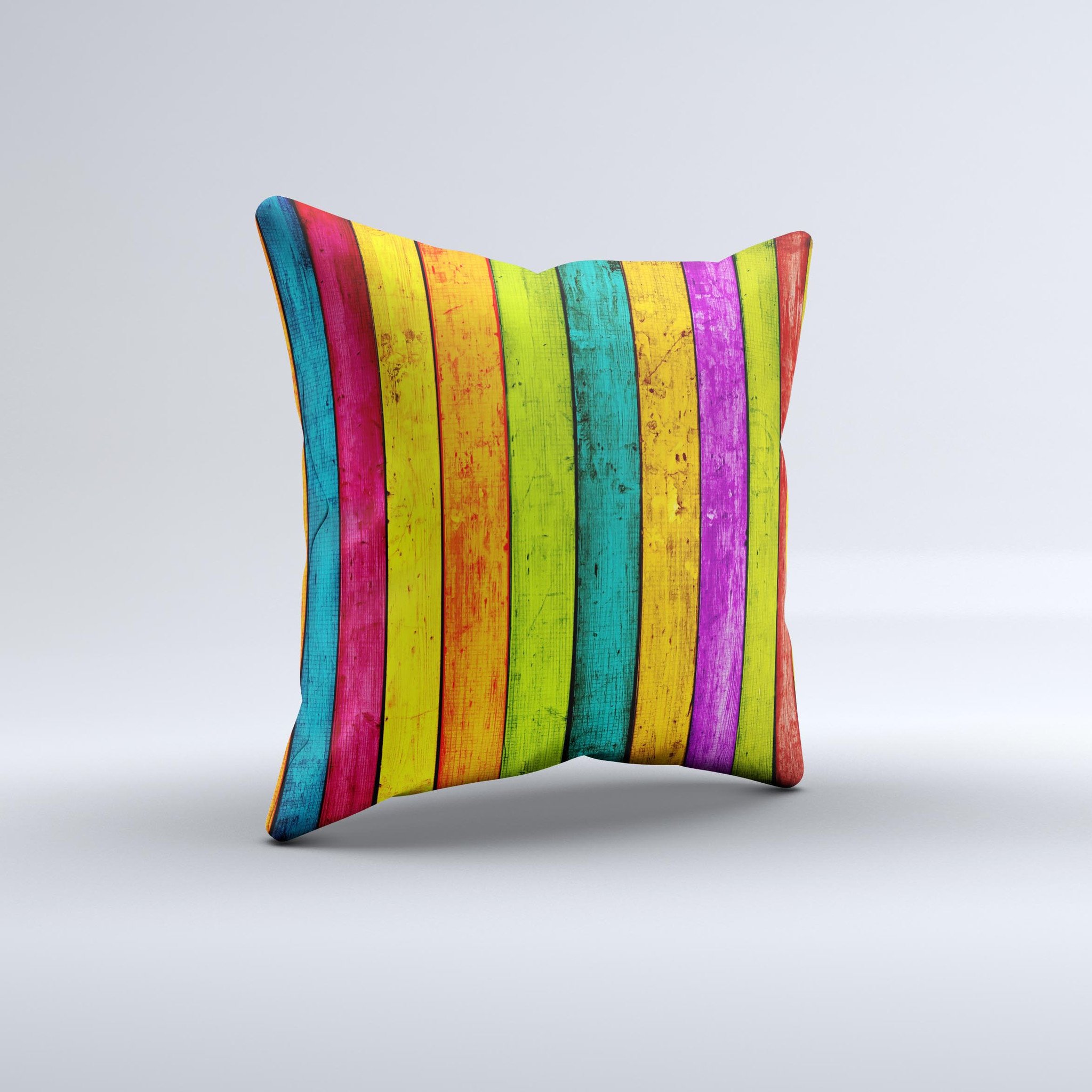 A vibrant decorative throw pillow featuring a neon wood planks design, handcrafted in Virginia with a high thread count fabric and plush polyester filling.