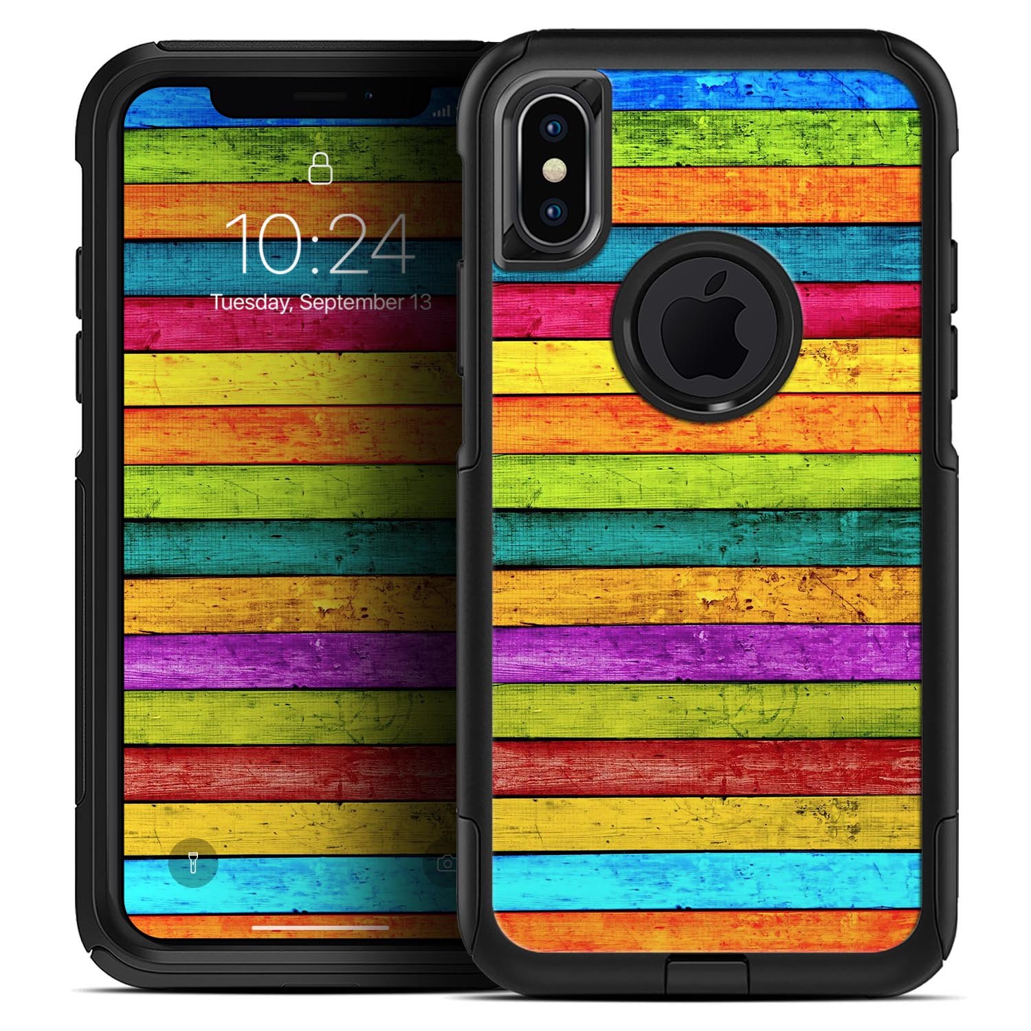 Neon Wood Planks skin kit for iPhone OtterBox cases, showcasing vibrant wood design and premium finish.