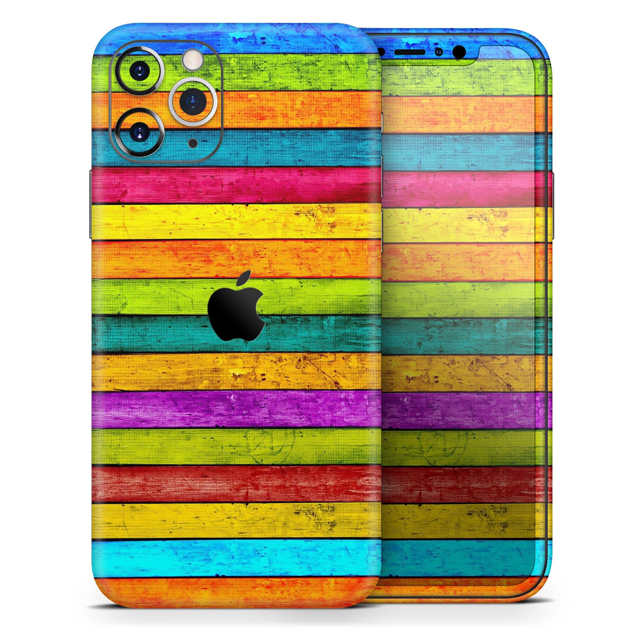 Neon Wood Planks skin for Apple iPhone 14 and 13, showcasing vibrant colors and sleek design.