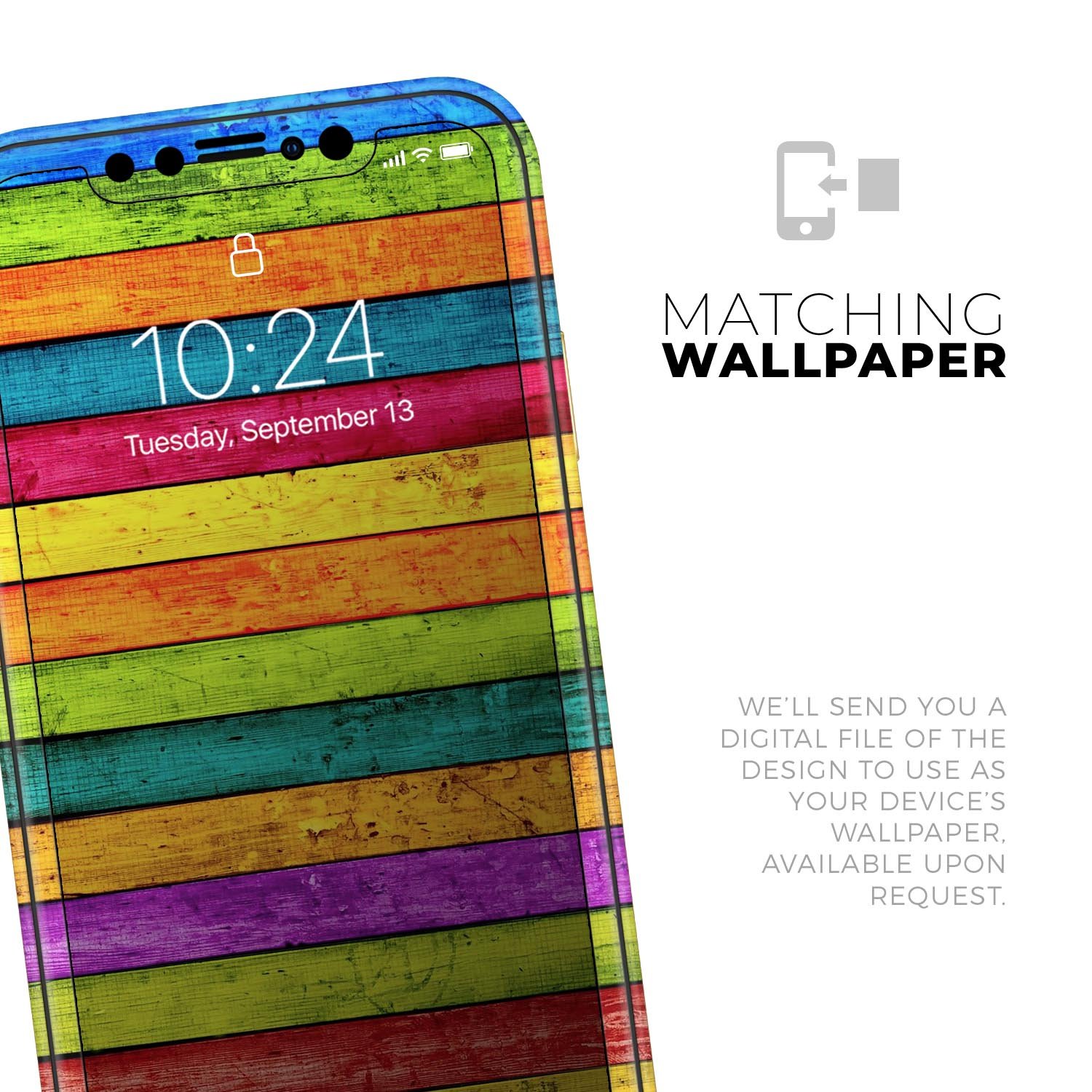 Neon Wood Planks skin for Apple iPhone 14 and 13, showcasing vibrant colors and sleek design.