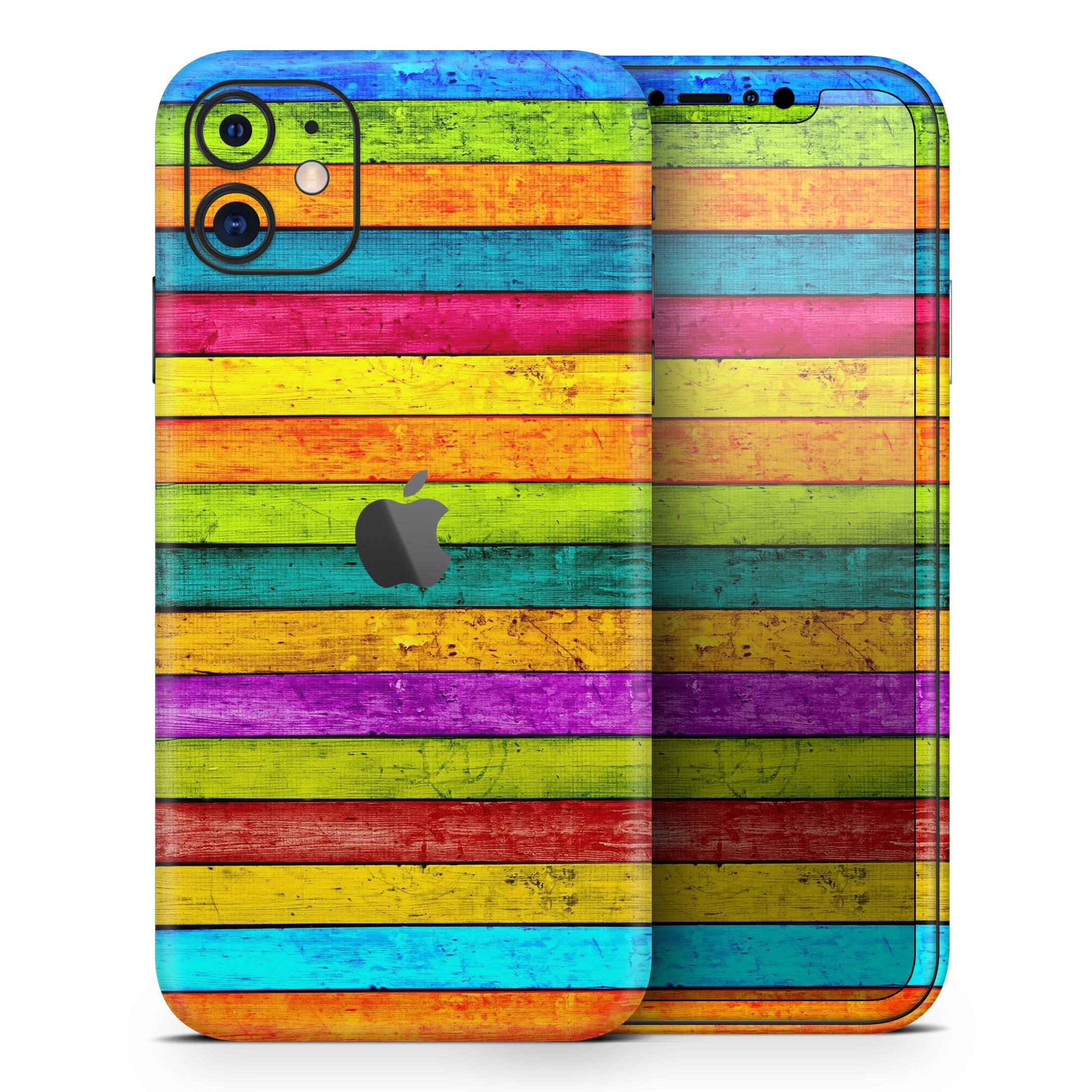 Neon Wood Planks skin for Apple iPhone 14 and 13, showcasing vibrant colors and sleek design.