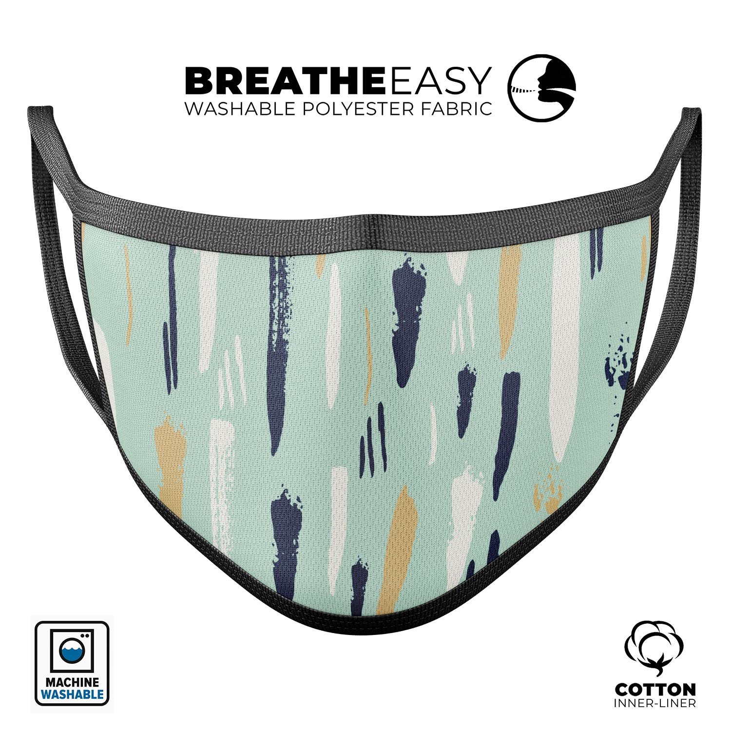 Neutral Brush Strokes mouth cover, unisex design, made in the USA, featuring adjustable ear-loop bands and breathable cotton material.