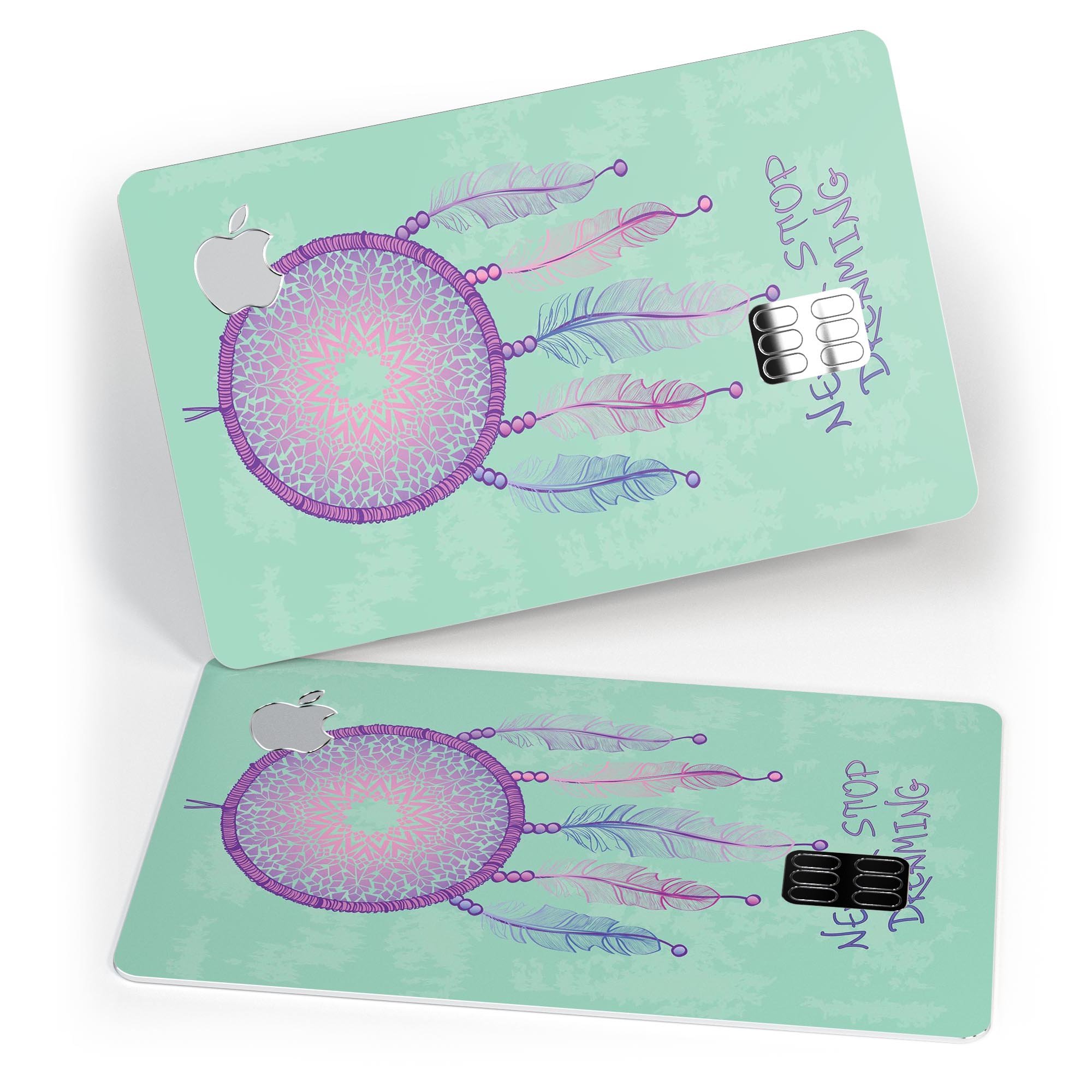 Never Stop Dreaming Dreamcatcher decal skin-kit for Apple Card, showcasing premium vinyl design and protective features.