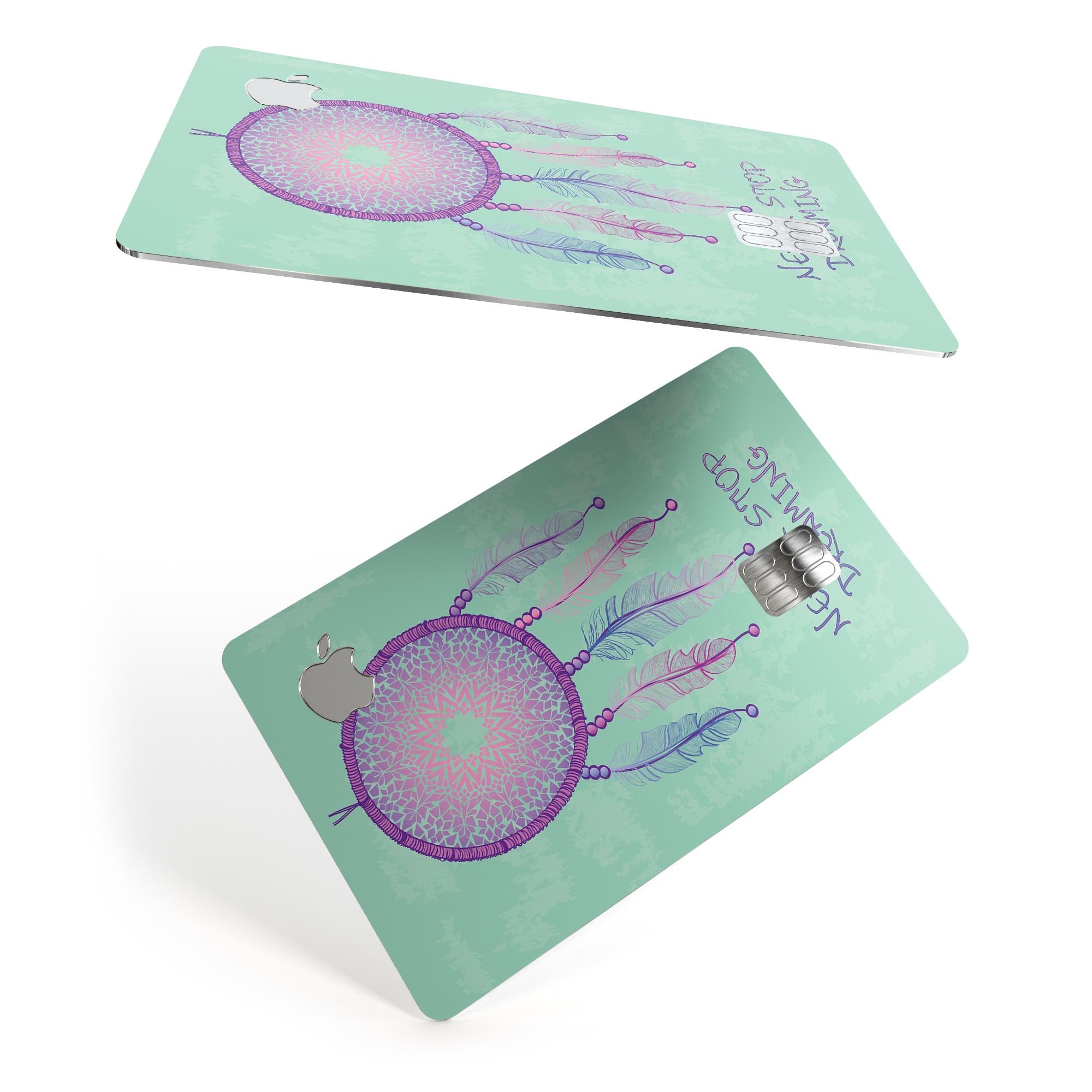 Never Stop Dreaming Dreamcatcher decal skin-kit for Apple Card, showcasing premium vinyl design and protective features.