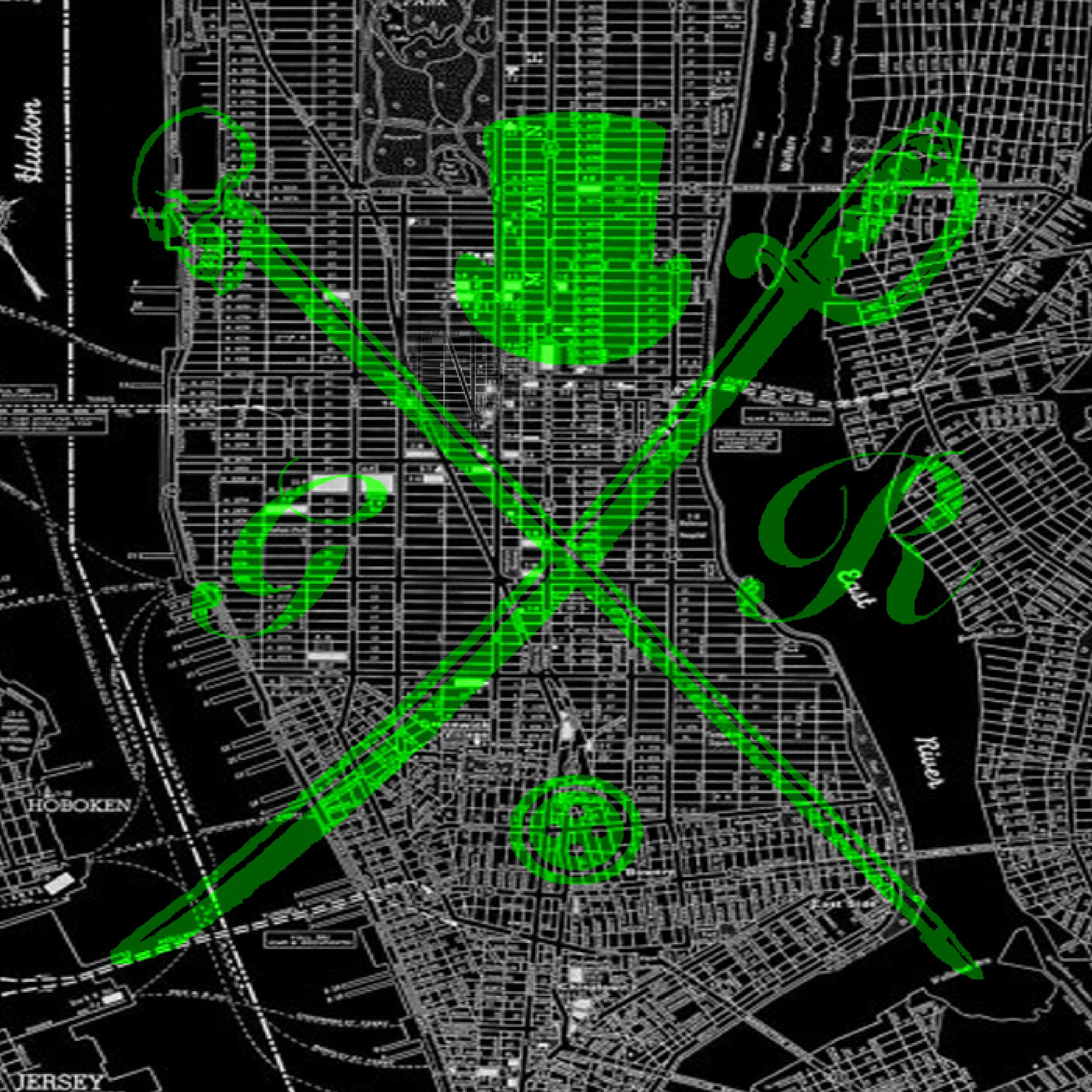 New York Street Map pocket square in bold green on black background with Gentleman Rogue logo.