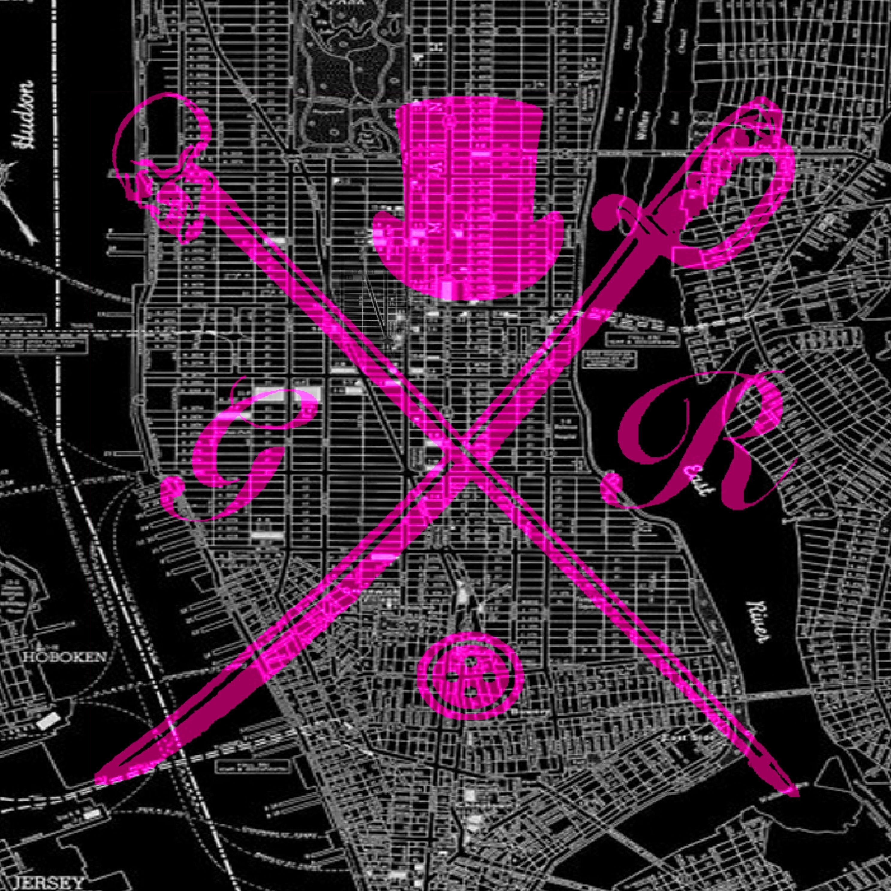 A vibrant hot pink ladies scarf featuring a detailed New York street map design and the Gentleman Rogue logo.