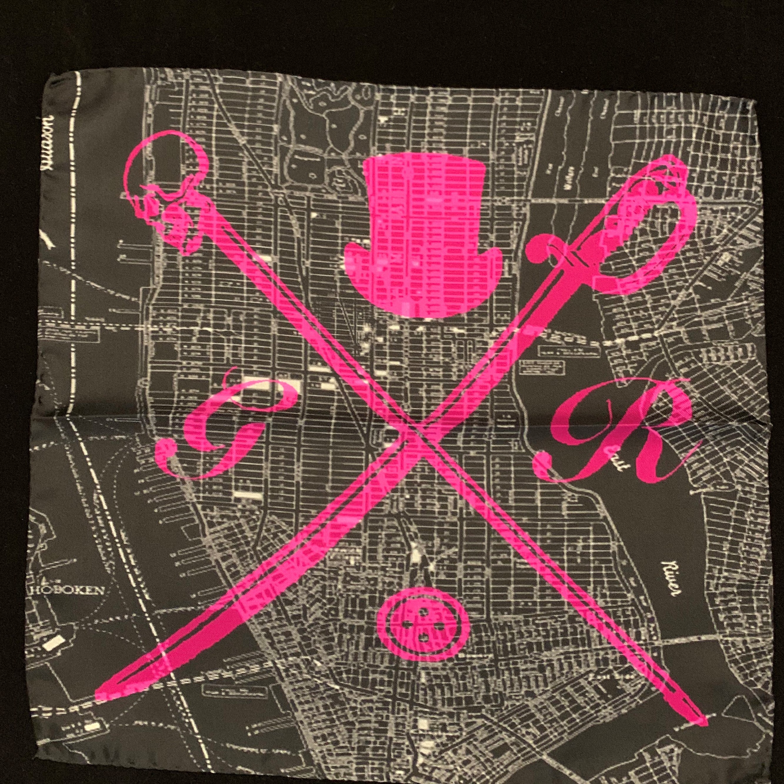 Hot pink pocket square featuring a detailed New York street map design with Gentleman Rogue logo.