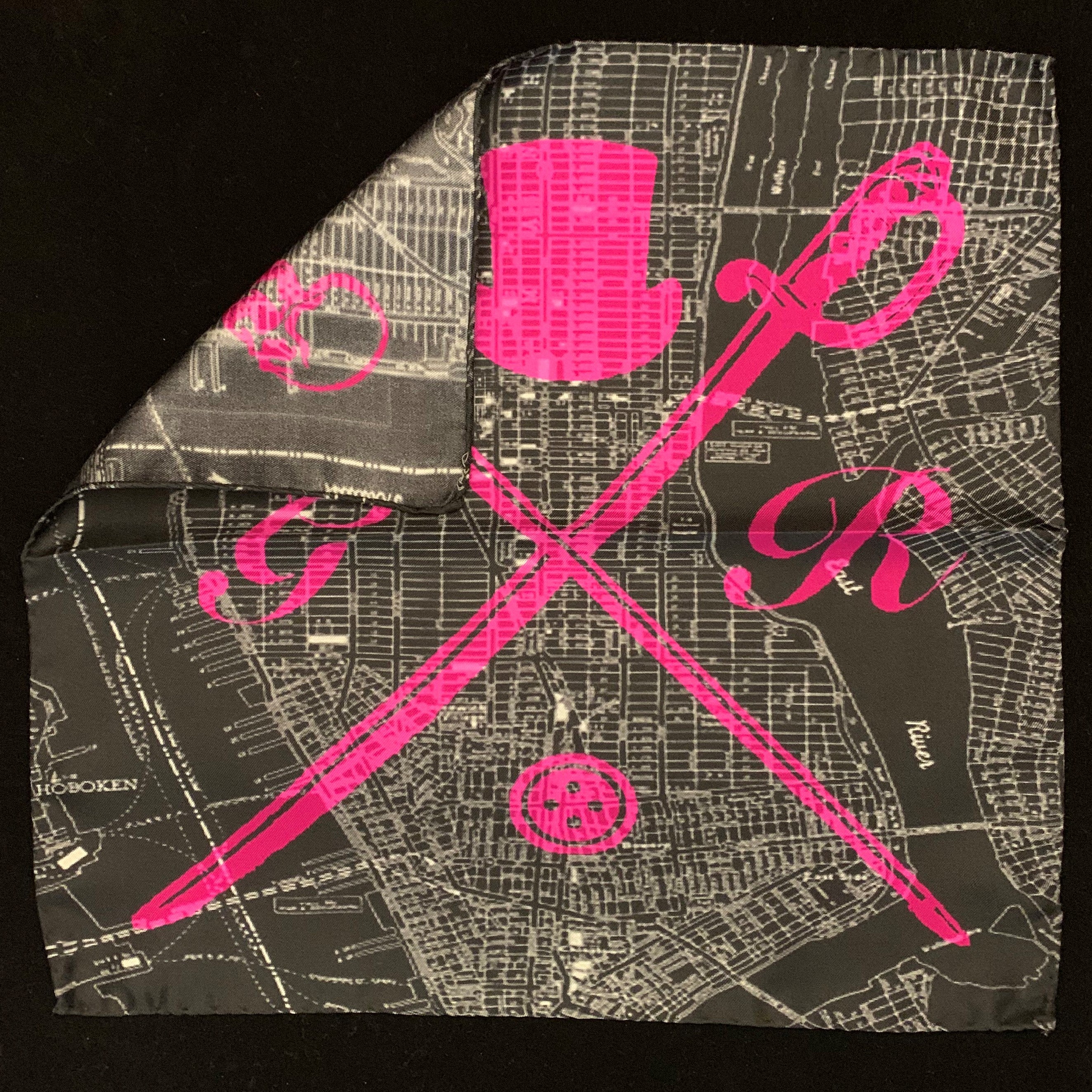 Hot pink pocket square featuring a detailed New York street map design with Gentleman Rogue logo.