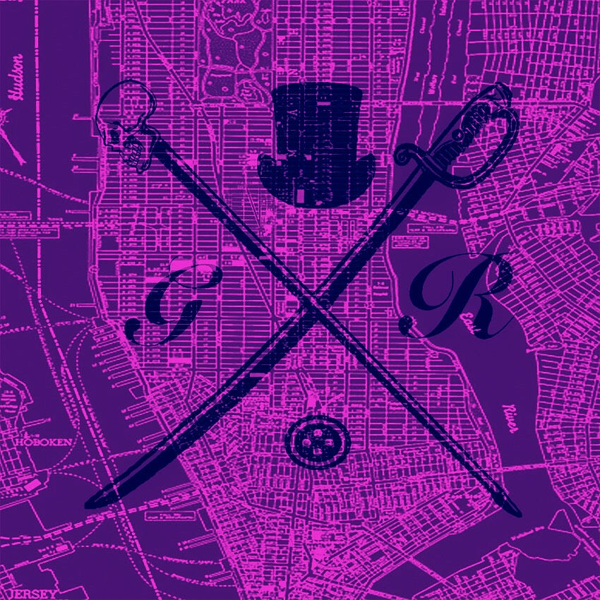 A stylish magenta ladies scarf featuring a detailed New York street map design and the Gentleman Rogue logo.