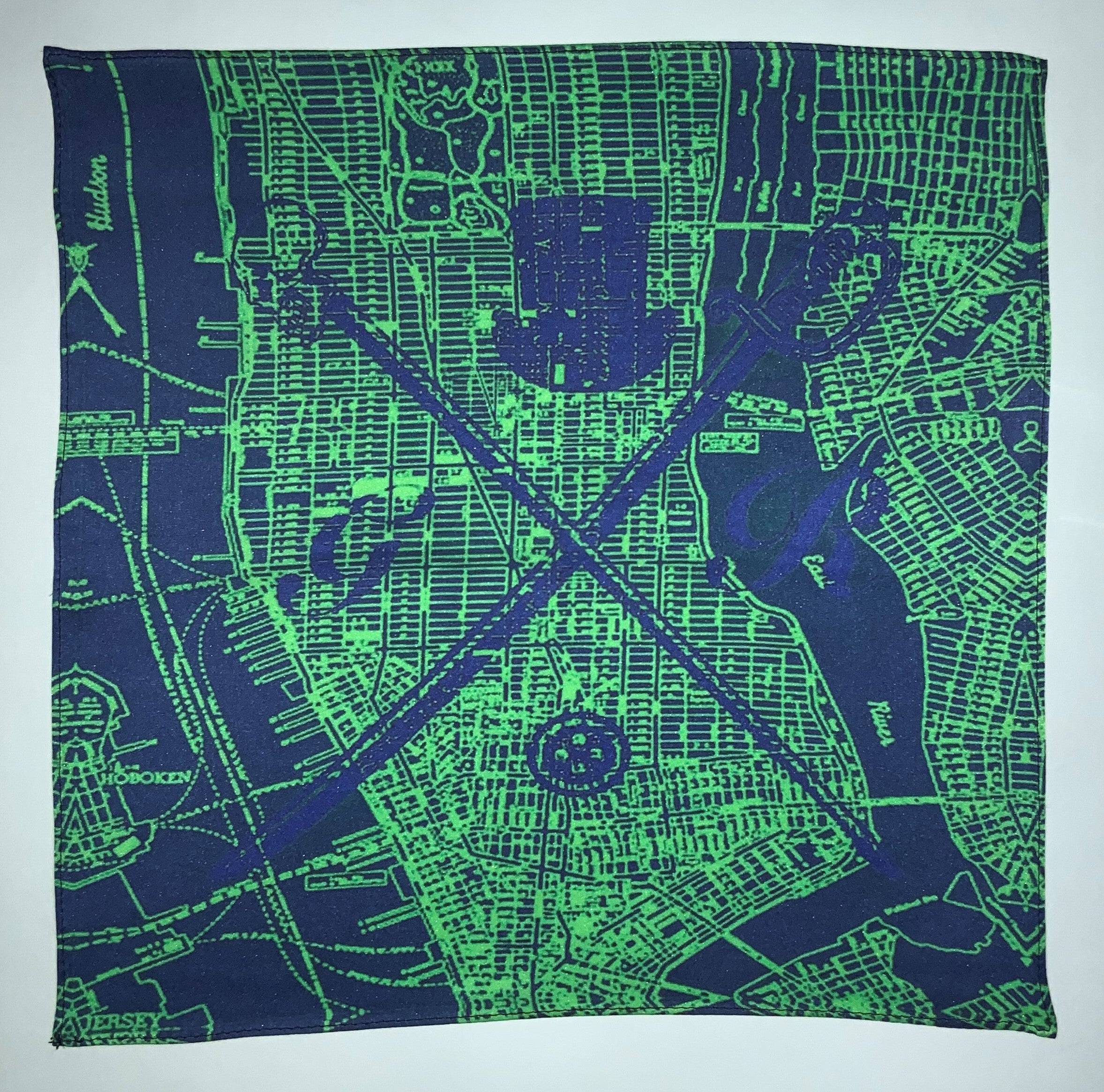 New York Street Map Mint Pocket Square featuring a detailed map design and Gentleman Rogue logo, made from 100% silk.