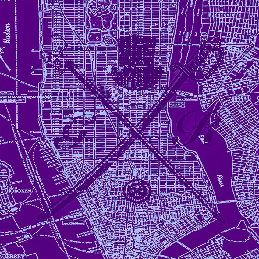 A stylish purple ladies scarf featuring a detailed New York street map design and the Gentleman Rogue logo.