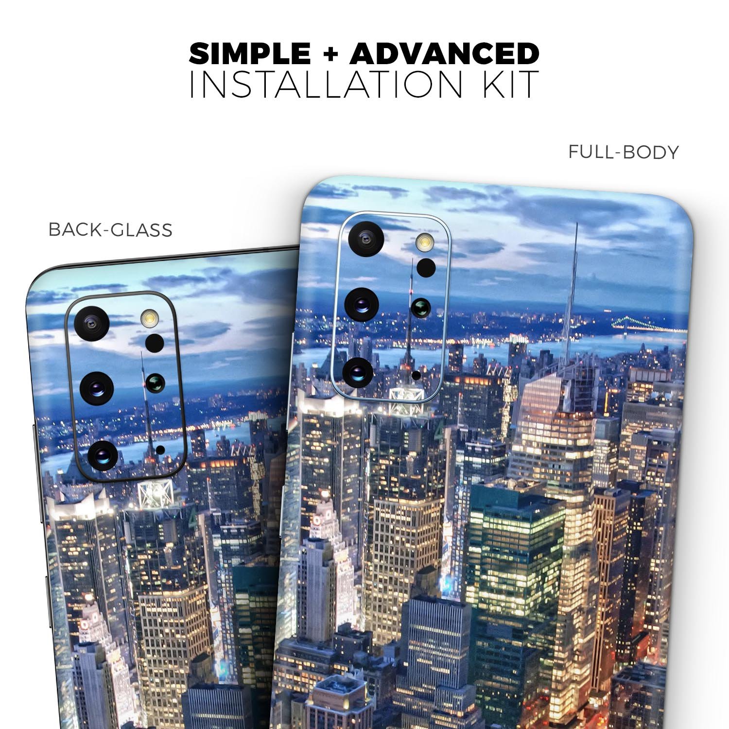 Night Aerial NYC Skin-Kit for Samsung Galaxy S20, showcasing a sleek design with ultra-gloss and soft-matte finish options.