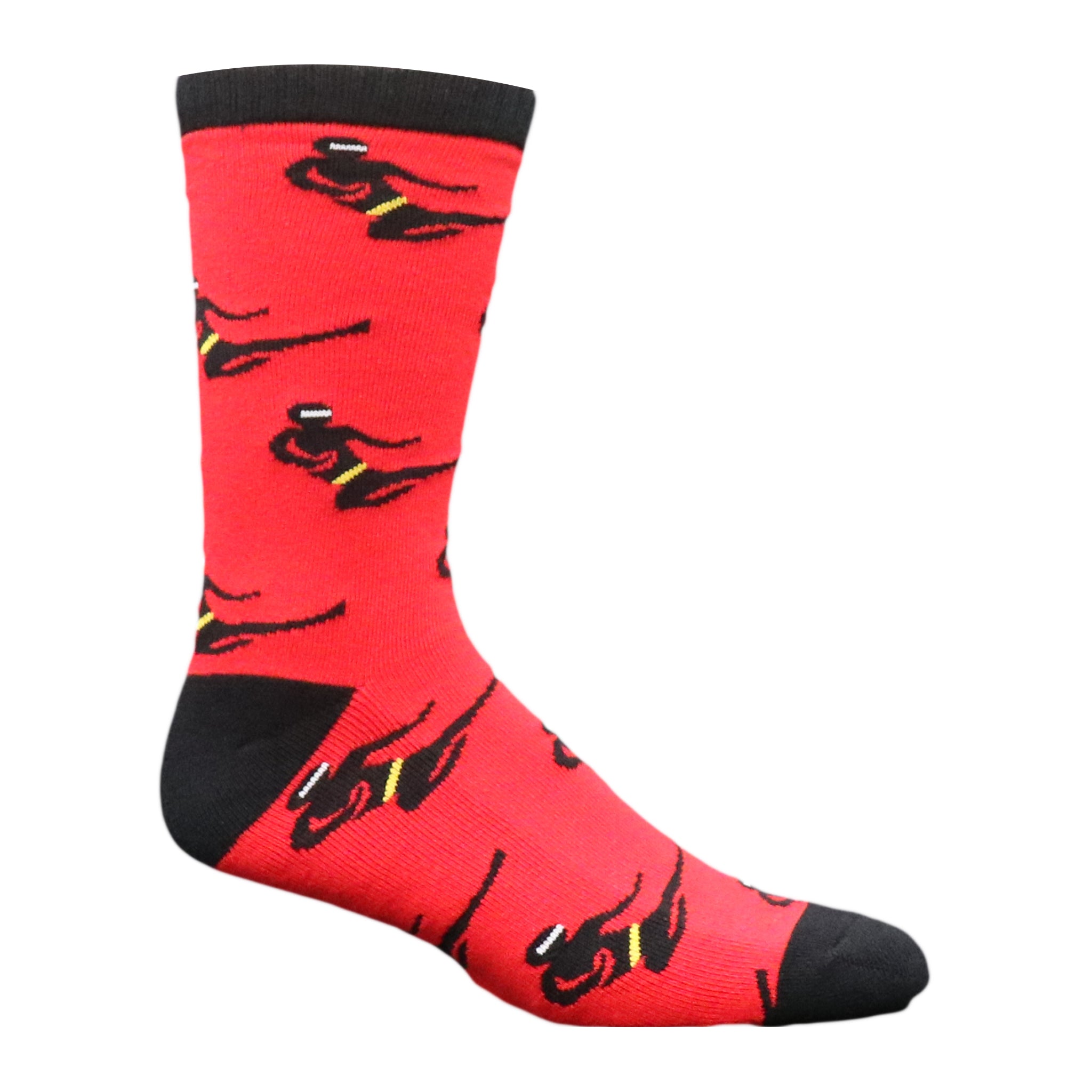 Ninja Crew Socks featuring black ninjas on a red background, showcasing a playful and vibrant design.