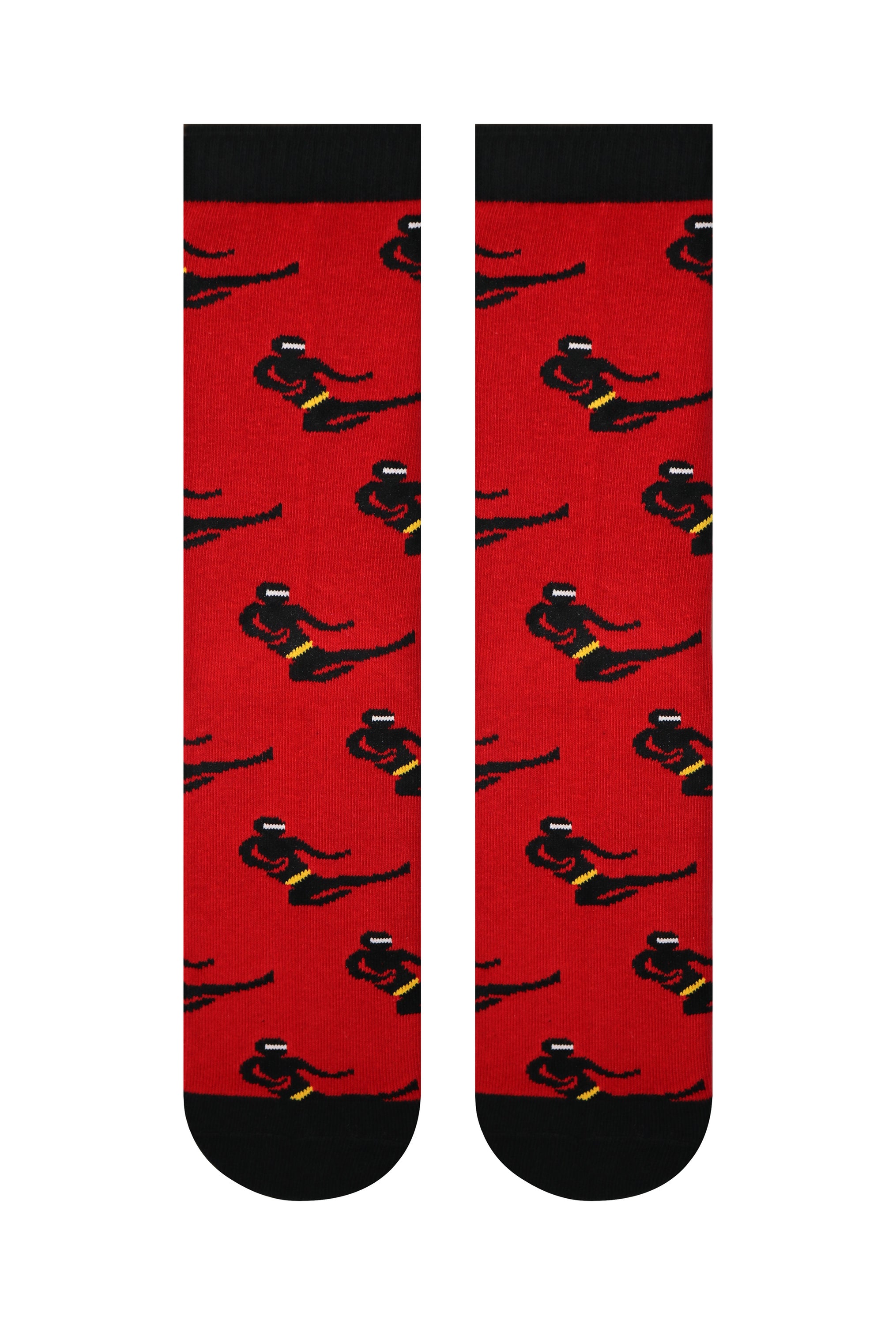 Ninja Crew Socks featuring black ninjas on a red background, showcasing a playful and vibrant design.