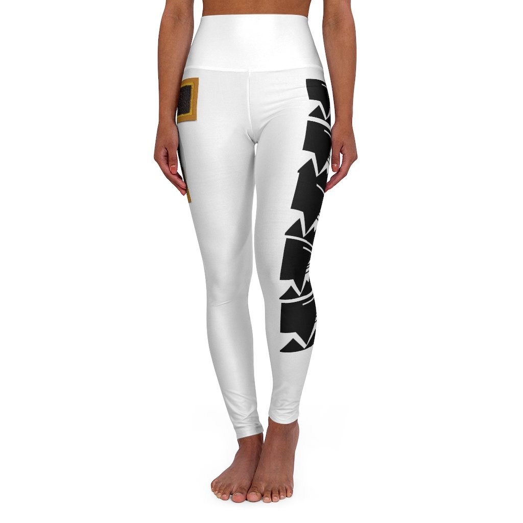 Noir Geo Yoga Leggings featuring a geometric pattern, double layer waistband, and skinny fit, ideal for workouts and casual wear.