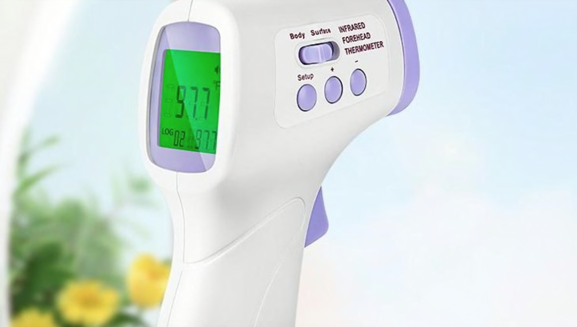 Non-Contact Infrared Thermometer with LCD display and button for quick temperature readings.