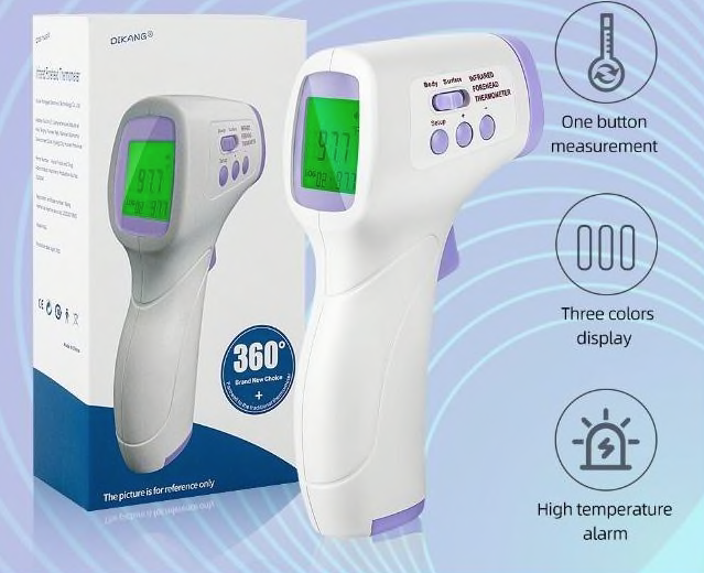 Non-Contact Infrared Thermometer with LCD display and button for quick temperature readings.