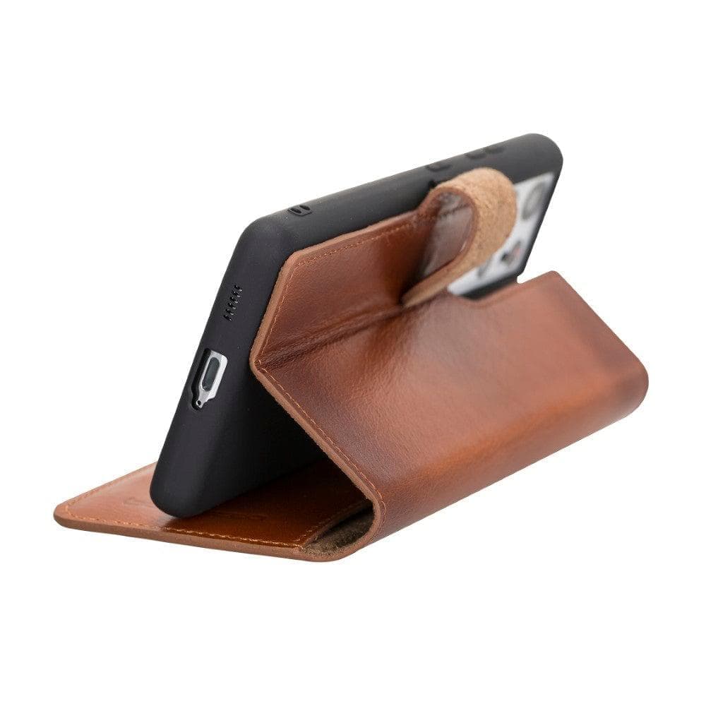 Non-Detachable Leather Wallet Case for Samsung Galaxy S21 Series, showcasing genuine leather, RFID protection, and card holder compartments.