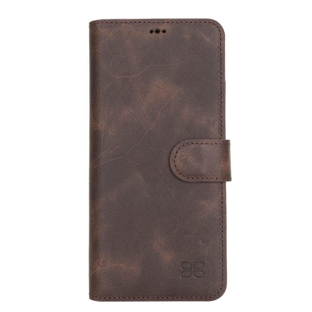 Non-Detachable Leather Wallet Case for Samsung Galaxy S21 Series, showcasing genuine leather, RFID protection, and card holder compartments.