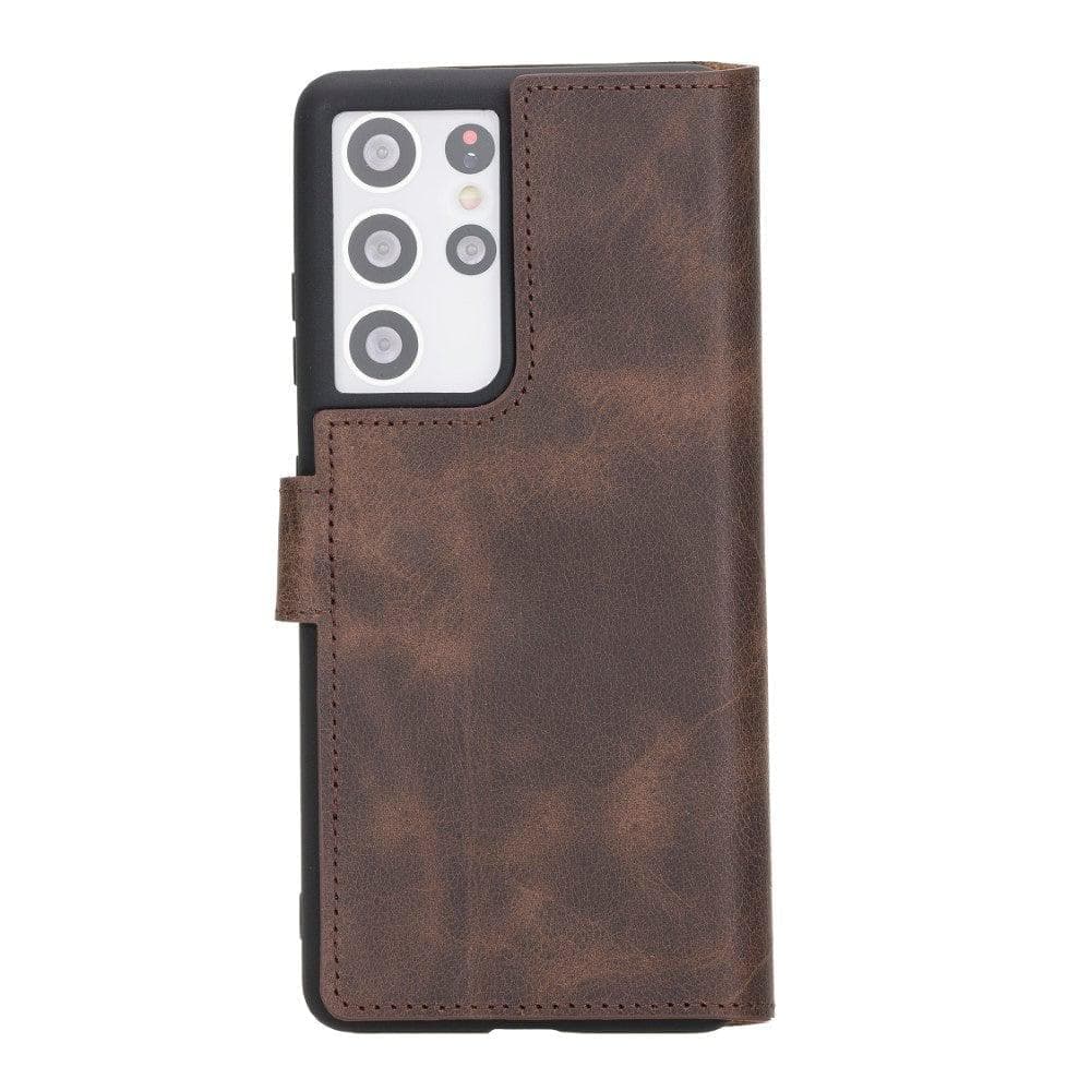 Non-Detachable Leather Wallet Case for Samsung Galaxy S21 Series, showcasing genuine leather, RFID protection, and card holder compartments.