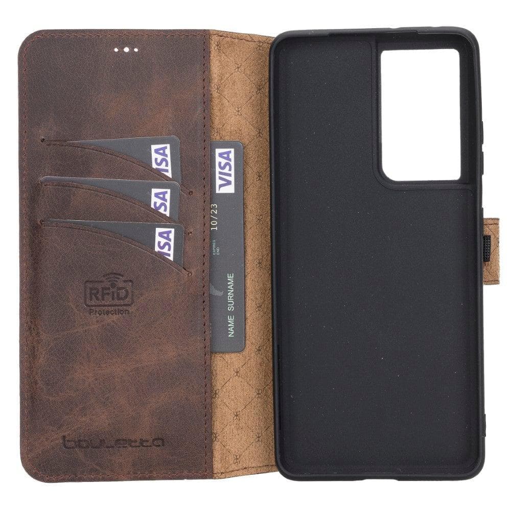 Non-Detachable Leather Wallet Case for Samsung Galaxy S21 Series, showcasing genuine leather, RFID protection, and card holder compartments.