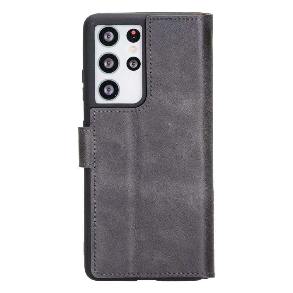 Non-Detachable Leather Wallet Case for Samsung Galaxy S21 Series, showcasing genuine leather, RFID protection, and card holder compartments.